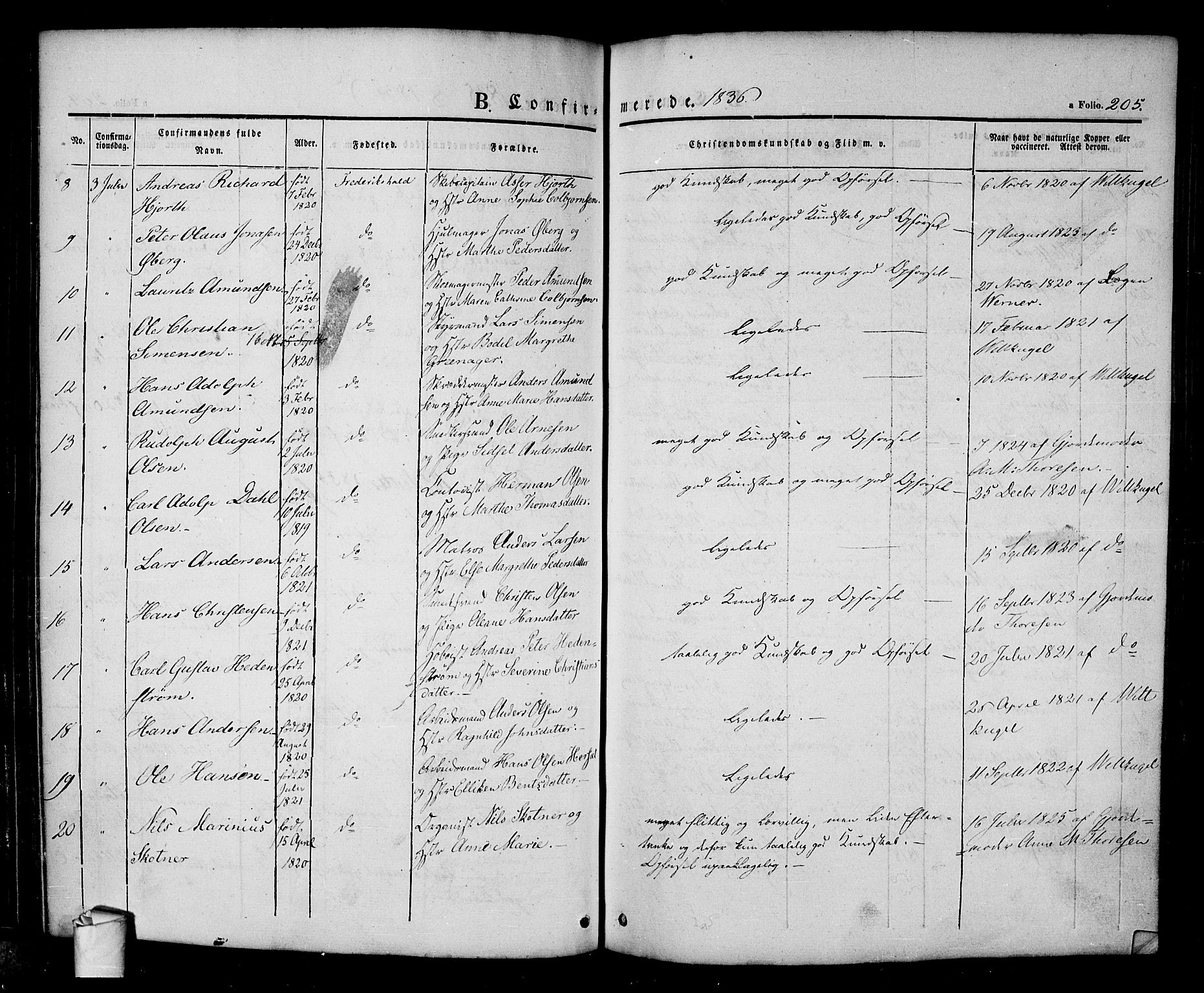 Halden prestekontor Kirkebøker, AV/SAO-A-10909/F/Fa/L0005: Parish register (official) no. I 5, 1834-1845, p. 205