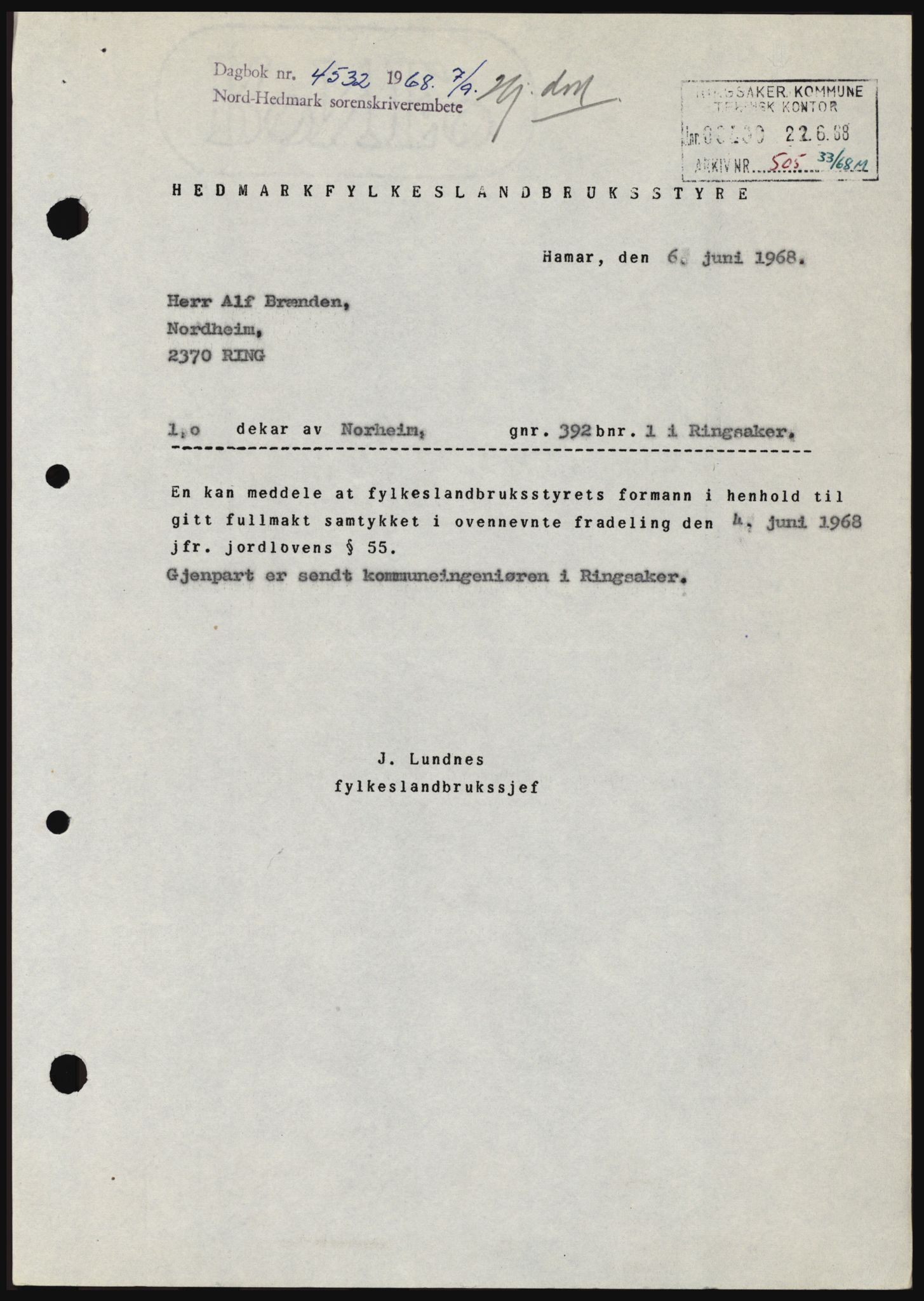 Nord-Hedmark sorenskriveri, SAH/TING-012/H/Hc/L0028: Mortgage book no. 28, 1968-1968, Diary no: : 4532/1968