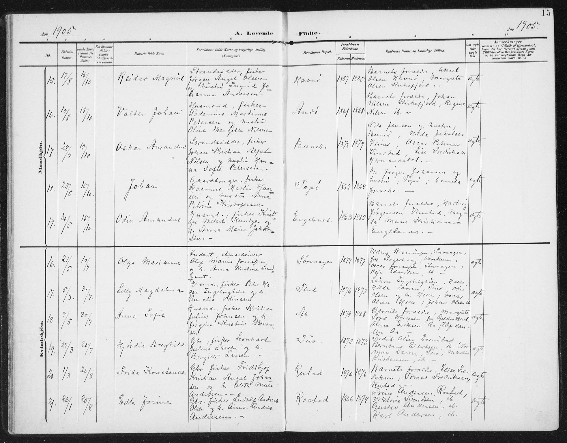 Ministerialprotokoller, klokkerbøker og fødselsregistre - Nordland, AV/SAT-A-1459/886/L1221: Parish register (official) no. 886A03, 1903-1913, p. 15