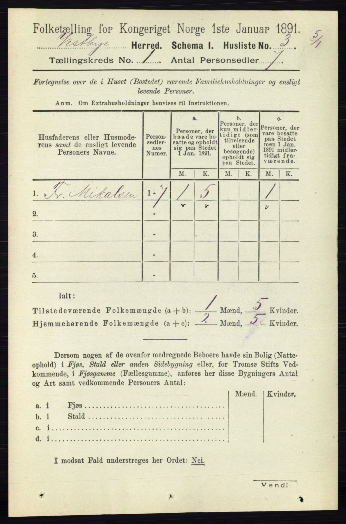 RA, 1891 census for 0211 Vestby, 1891, p. 24