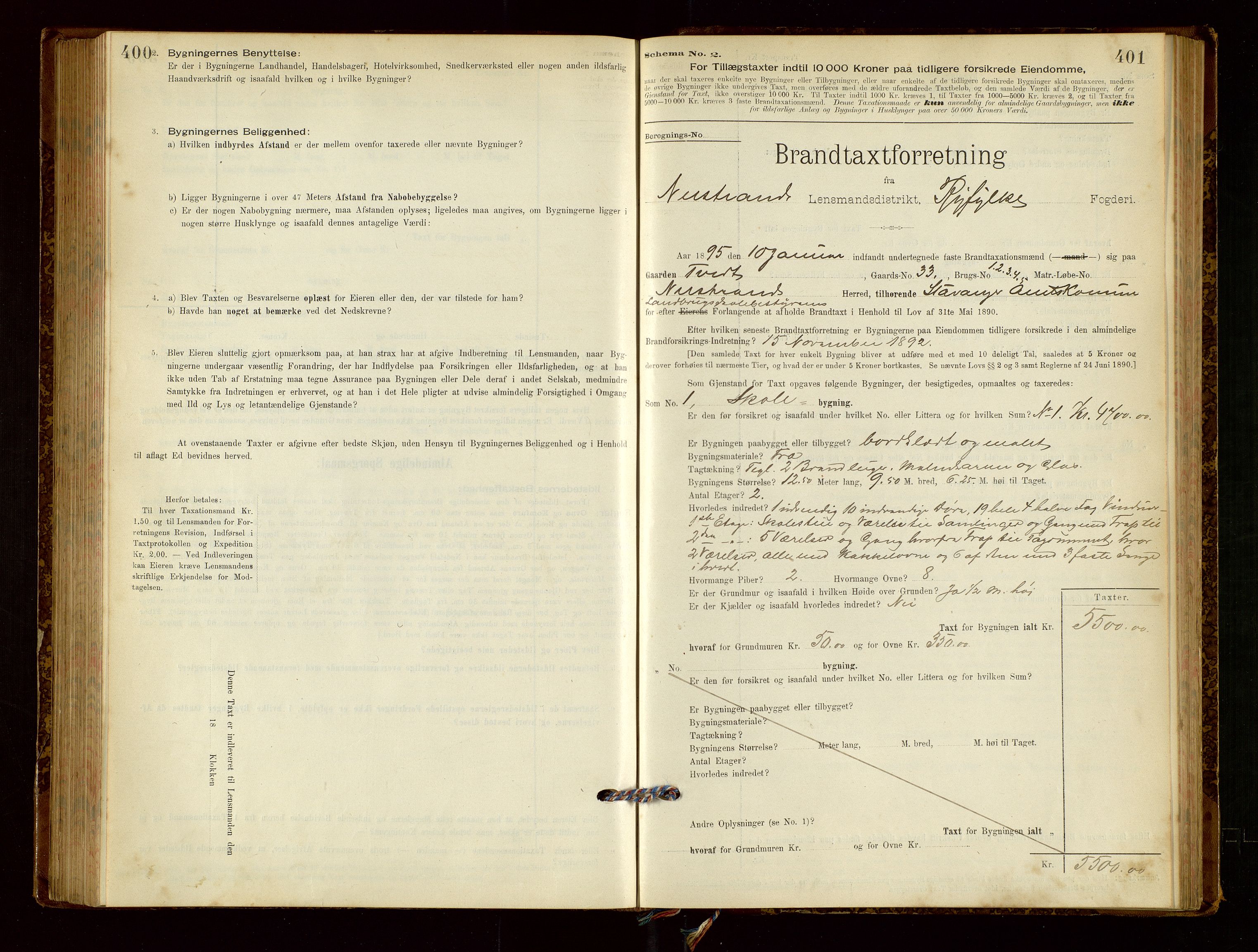 Nedstrand lensmannskontor, SAST/A-100236/Gob/L0001: "Brandtaxationsprotokol for Nerstrand Lensmandsdistrikt Ryfylke fogderi", 1895-1915, p. 400-401