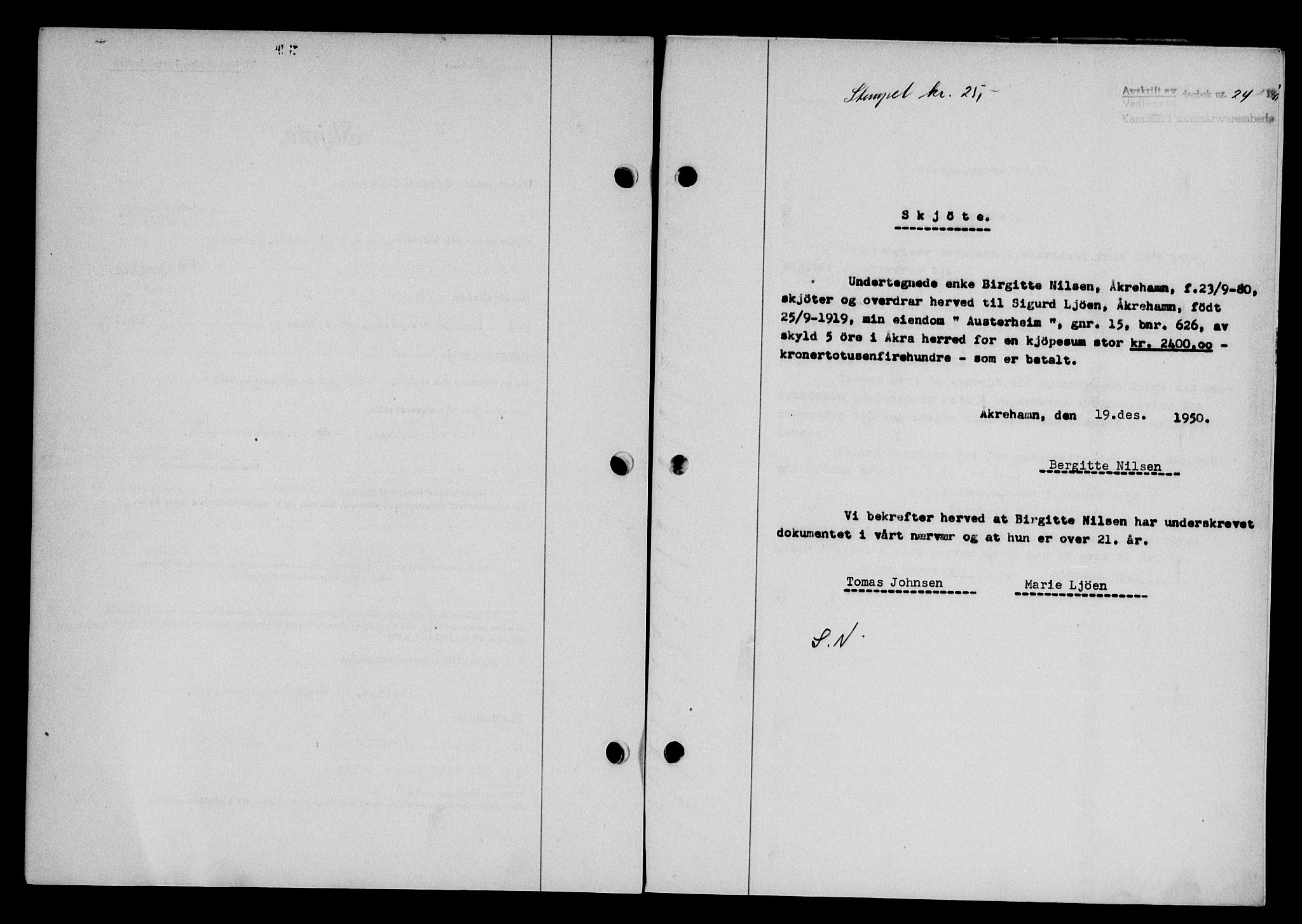 Karmsund sorenskriveri, SAST/A-100311/01/II/IIB/L0101: Mortgage book no. 81A, 1950-1951, Diary no: : 24/1951