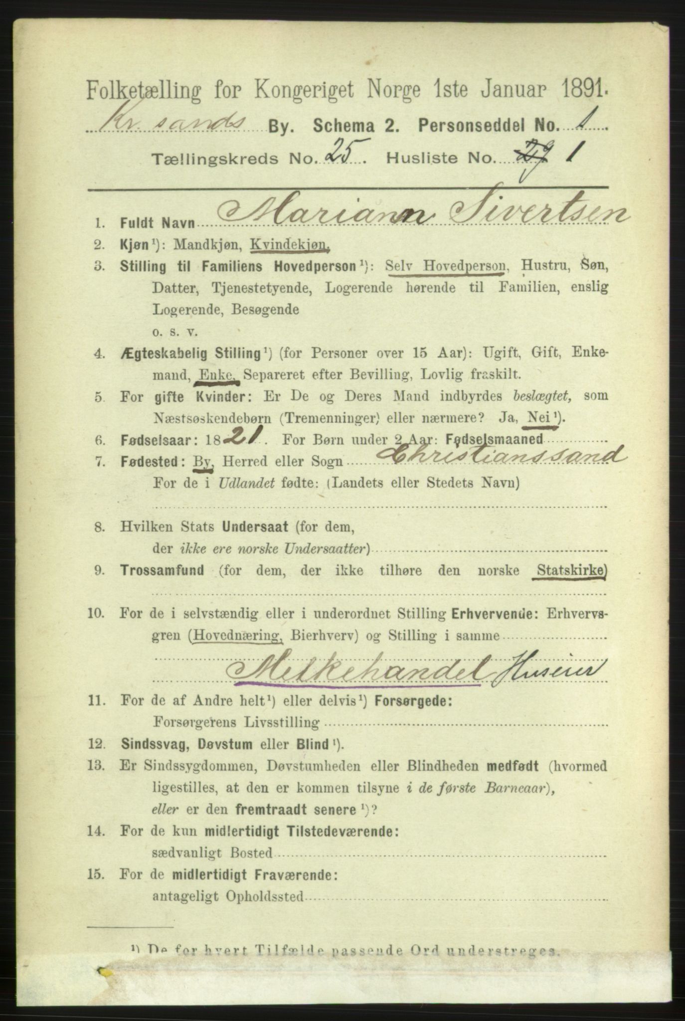 RA, 1891 census for 1001 Kristiansand, 1891, p. 8695