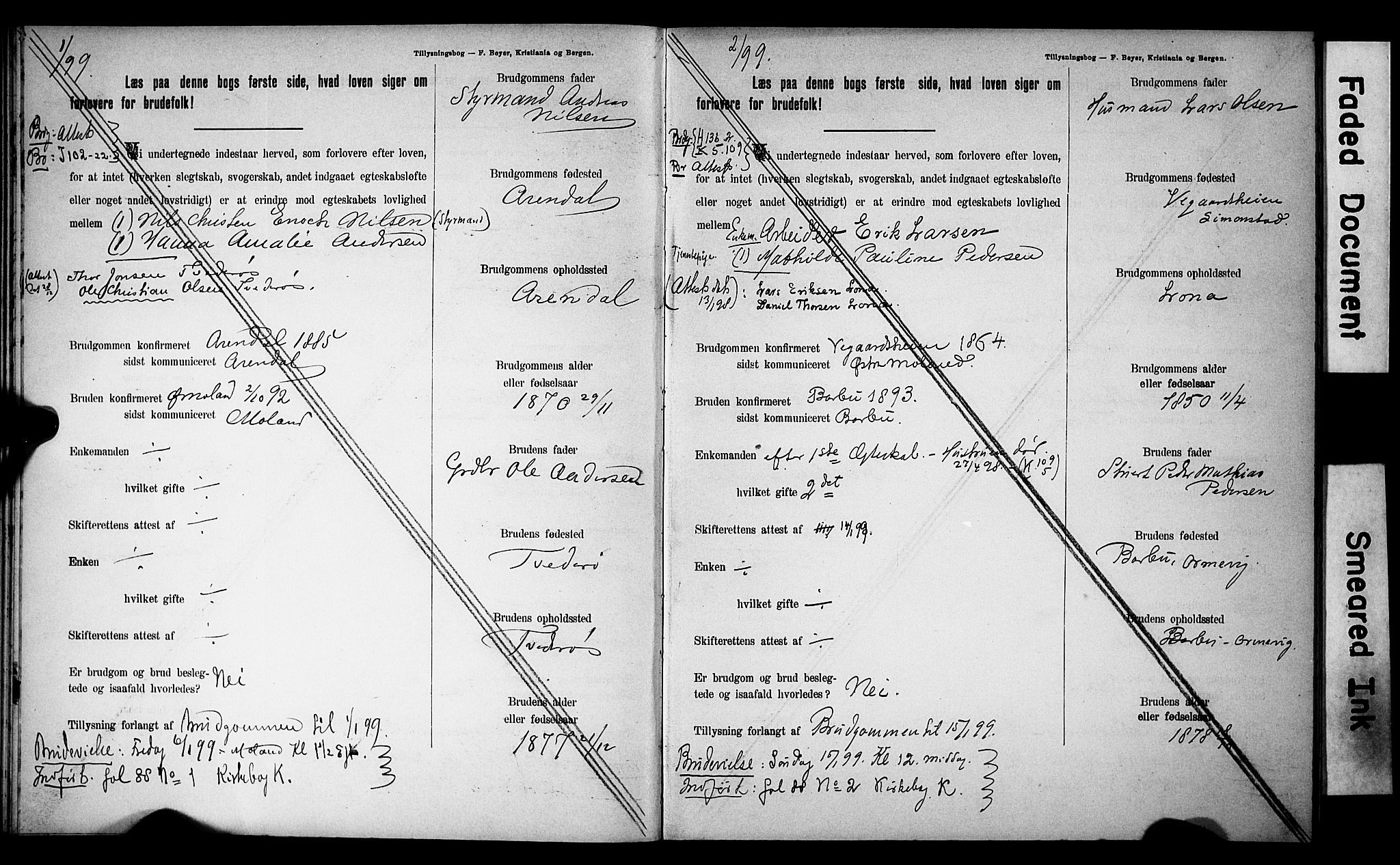 Austre Moland sokneprestkontor, SAK/1111-0001/F/Fe/L0001: Banns register no. A VI 10, 1895-1902