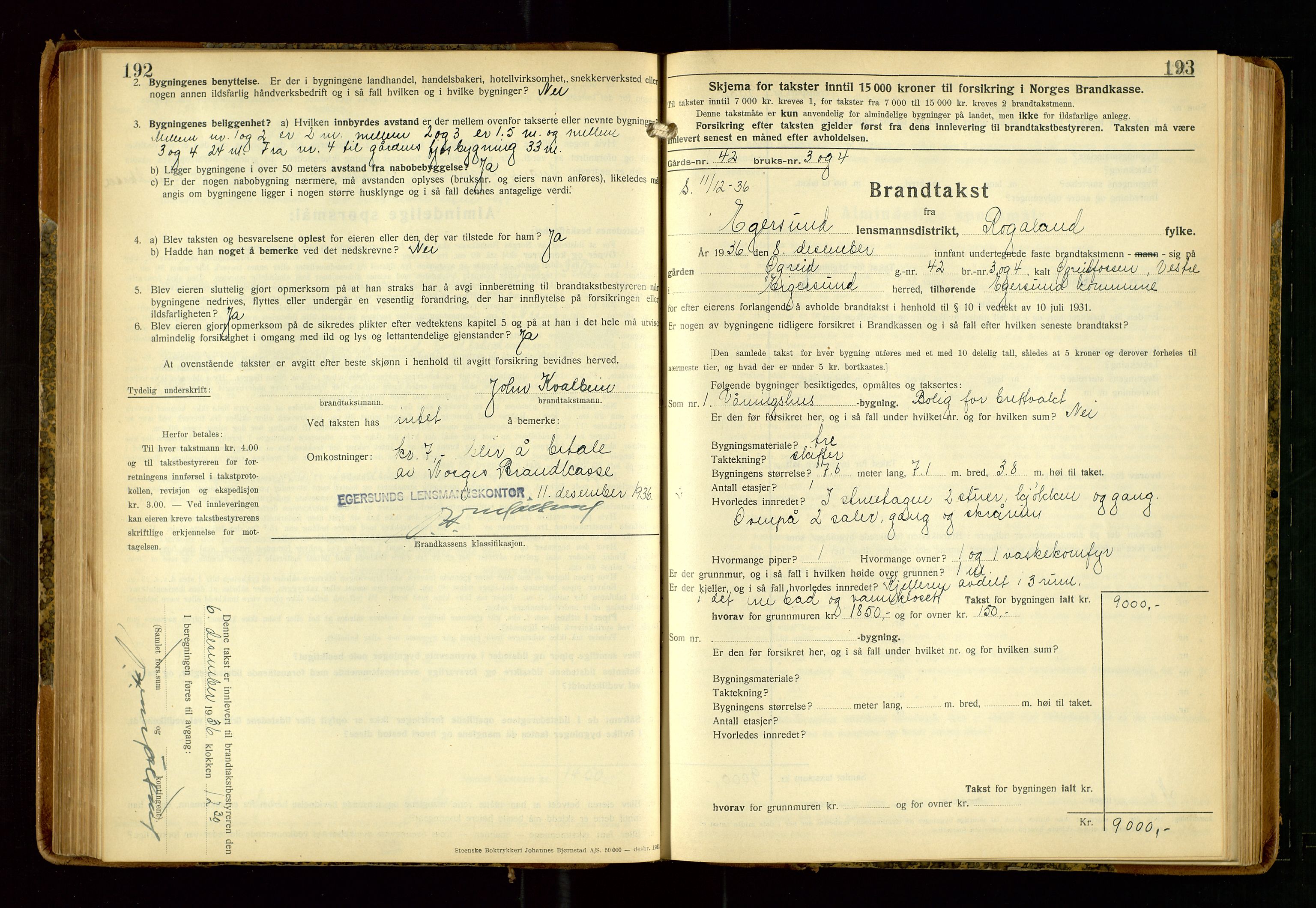 Eigersund lensmannskontor, AV/SAST-A-100171/Gob/L0006: "Brandtakstprotokoll", 1934-1938, p. 192-193