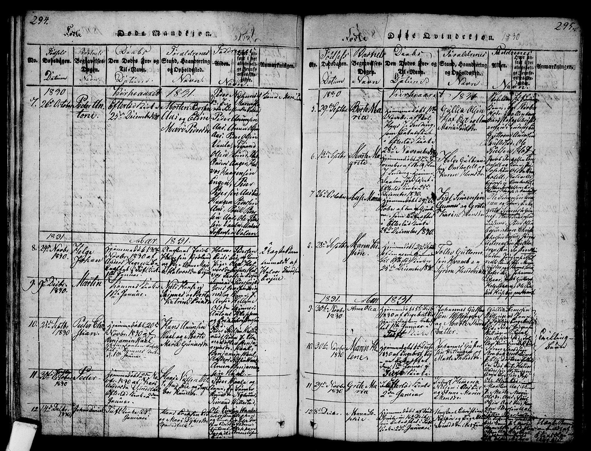 Sandsvær kirkebøker, AV/SAKO-A-244/G/Ga/L0003: Parish register (copy) no. I 3, 1817-1839, p. 294-295