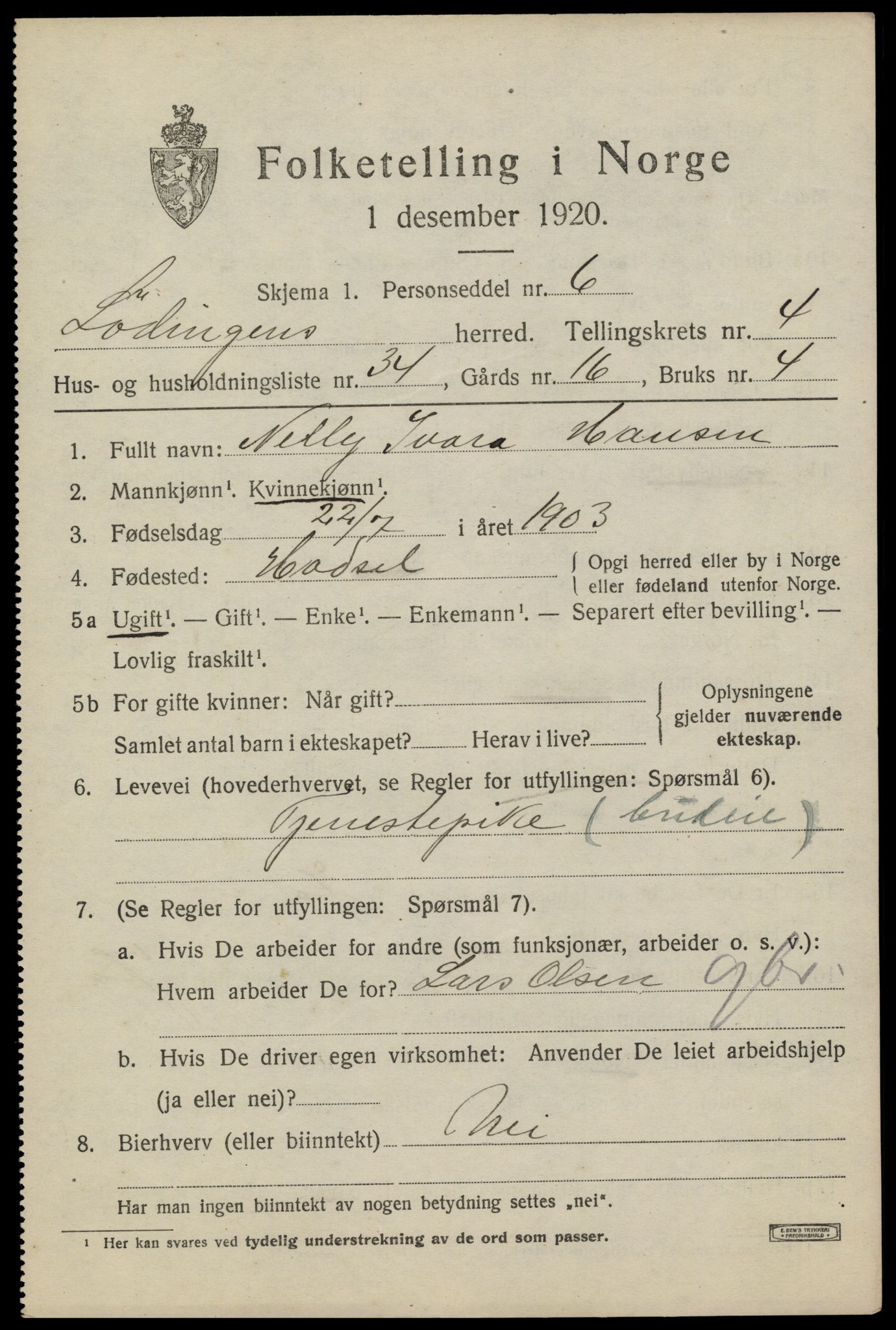 SAT, 1920 census for Lødingen, 1920, p. 3091