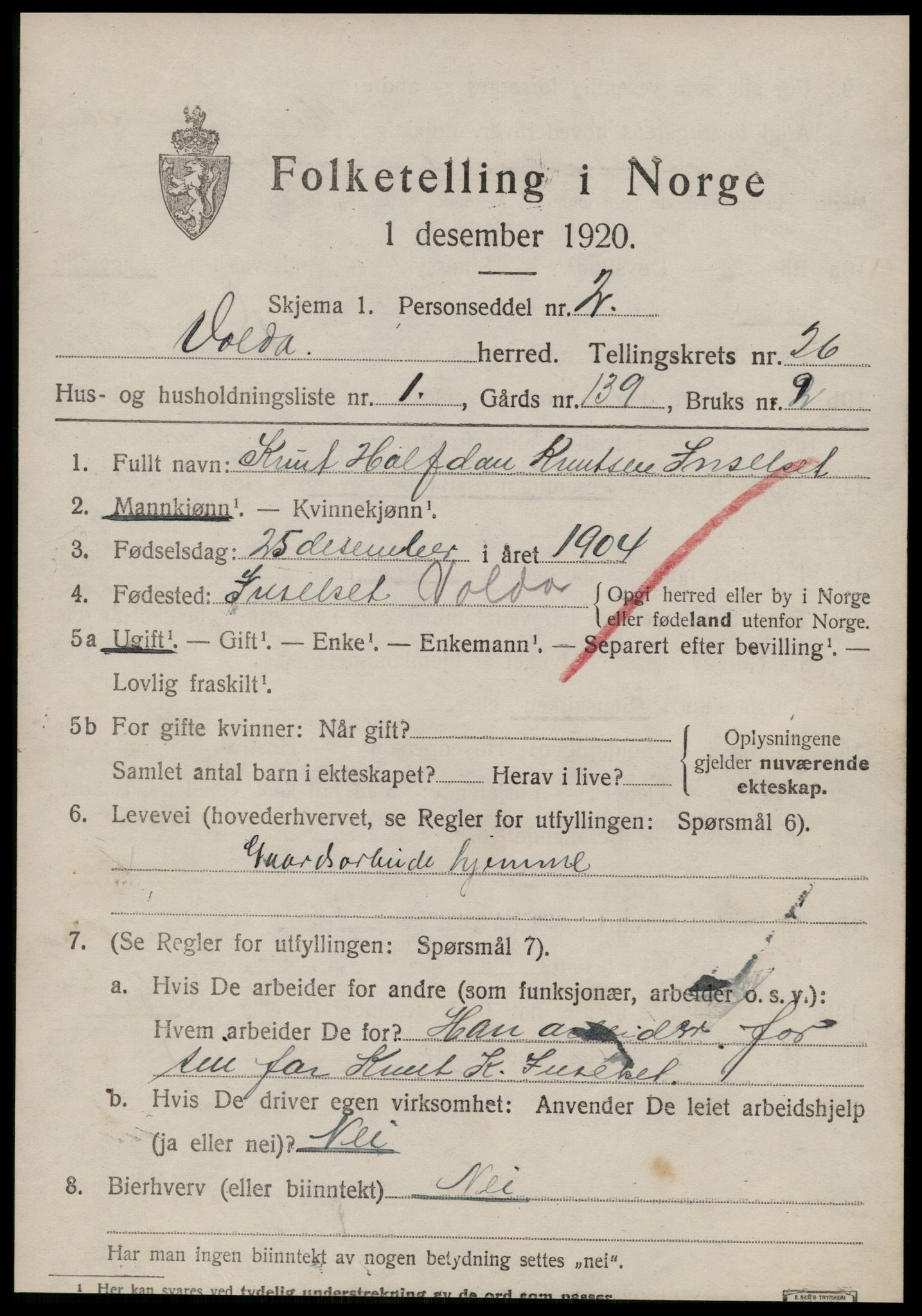 SAT, 1920 census for Volda, 1920, p. 12390