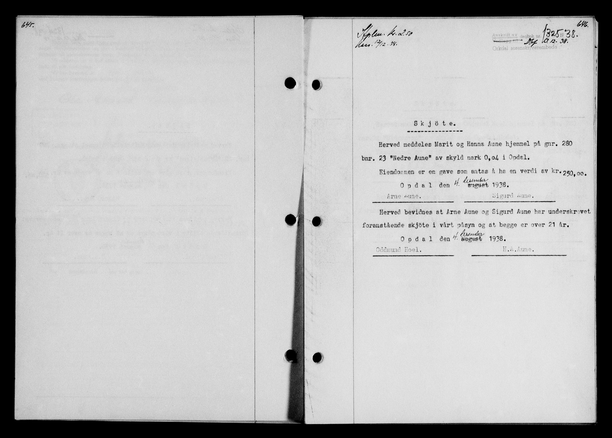 Orkdal sorenskriveri, AV/SAT-A-4169/1/2/2C/L0053: Mortgage book no. A3, 1938-1939, p. 645-646, Diary no: : 1325/1938