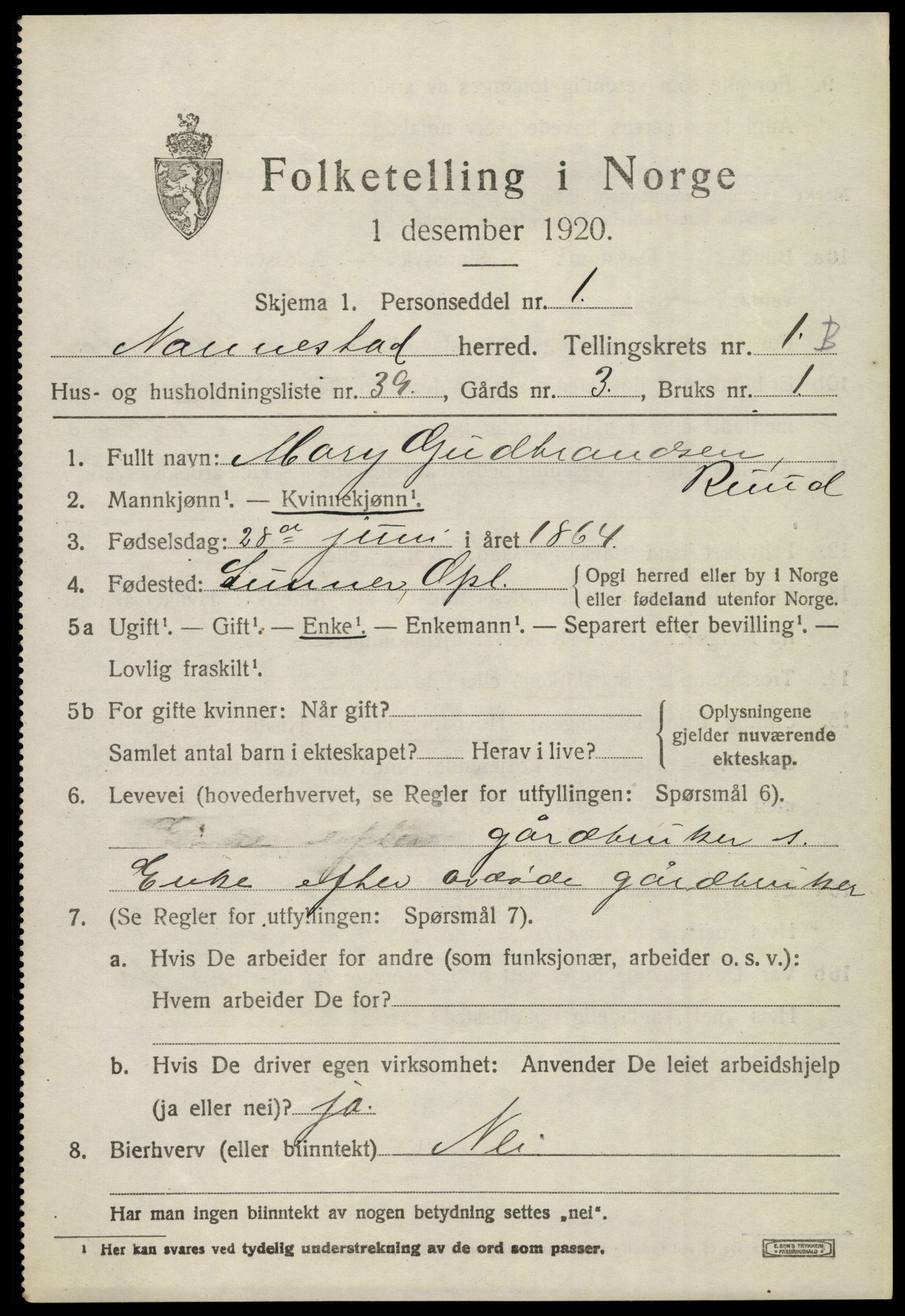 SAO, 1920 census for Nannestad, 1920, p. 2305