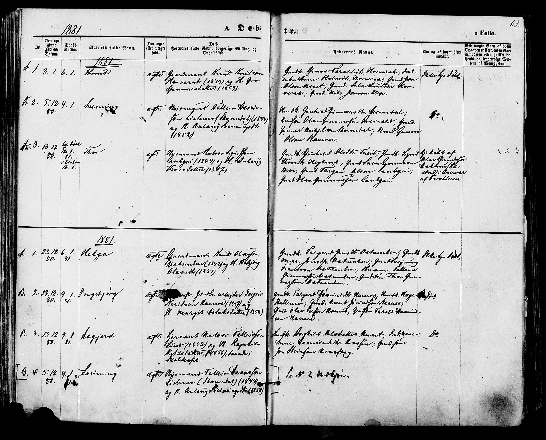 Bygland sokneprestkontor, AV/SAK-1111-0006/F/Fa/Fab/L0006: Parish register (official) no. A 6, 1873-1884, p. 63