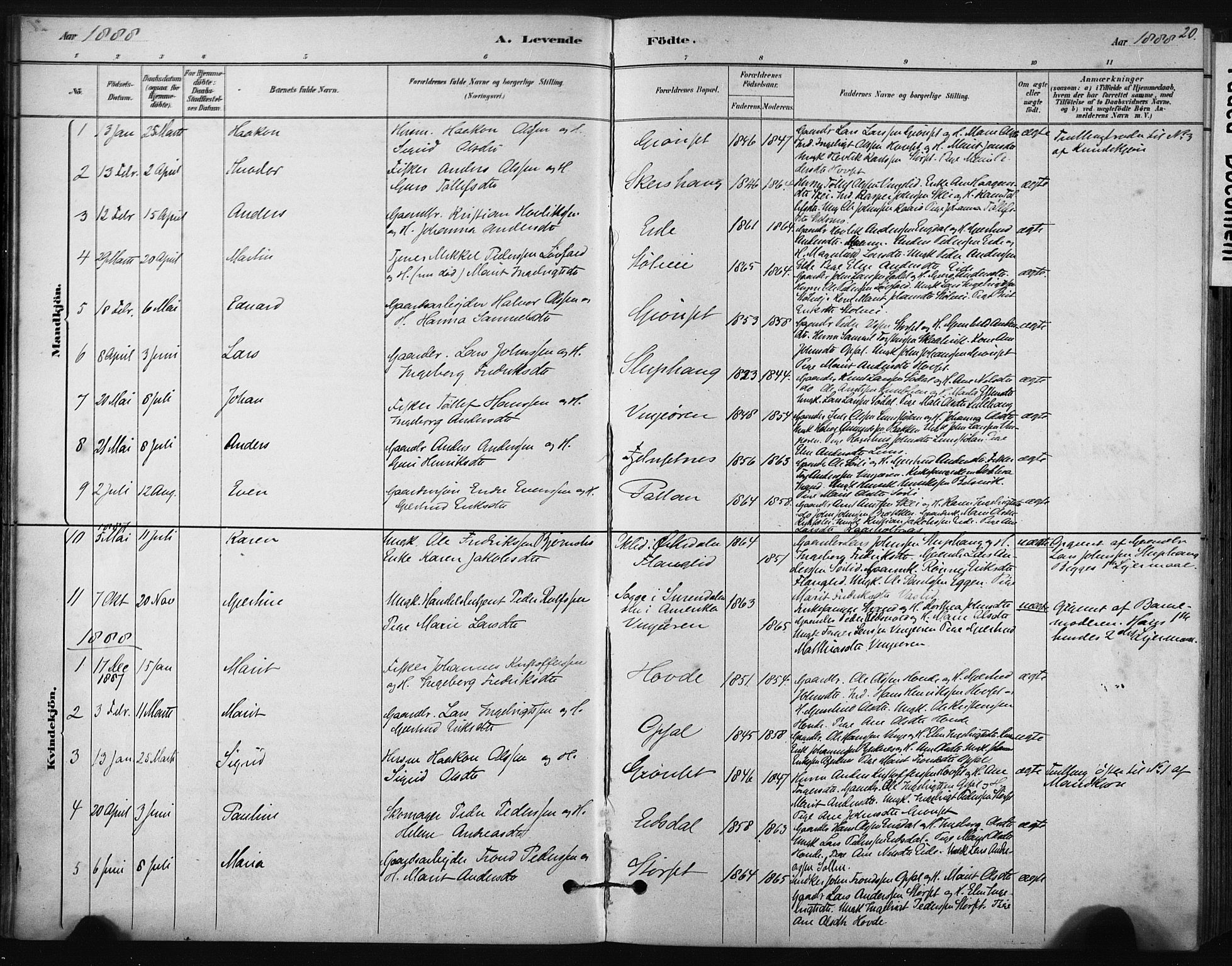 Ministerialprotokoller, klokkerbøker og fødselsregistre - Sør-Trøndelag, AV/SAT-A-1456/631/L0512: Parish register (official) no. 631A01, 1879-1912, p. 20