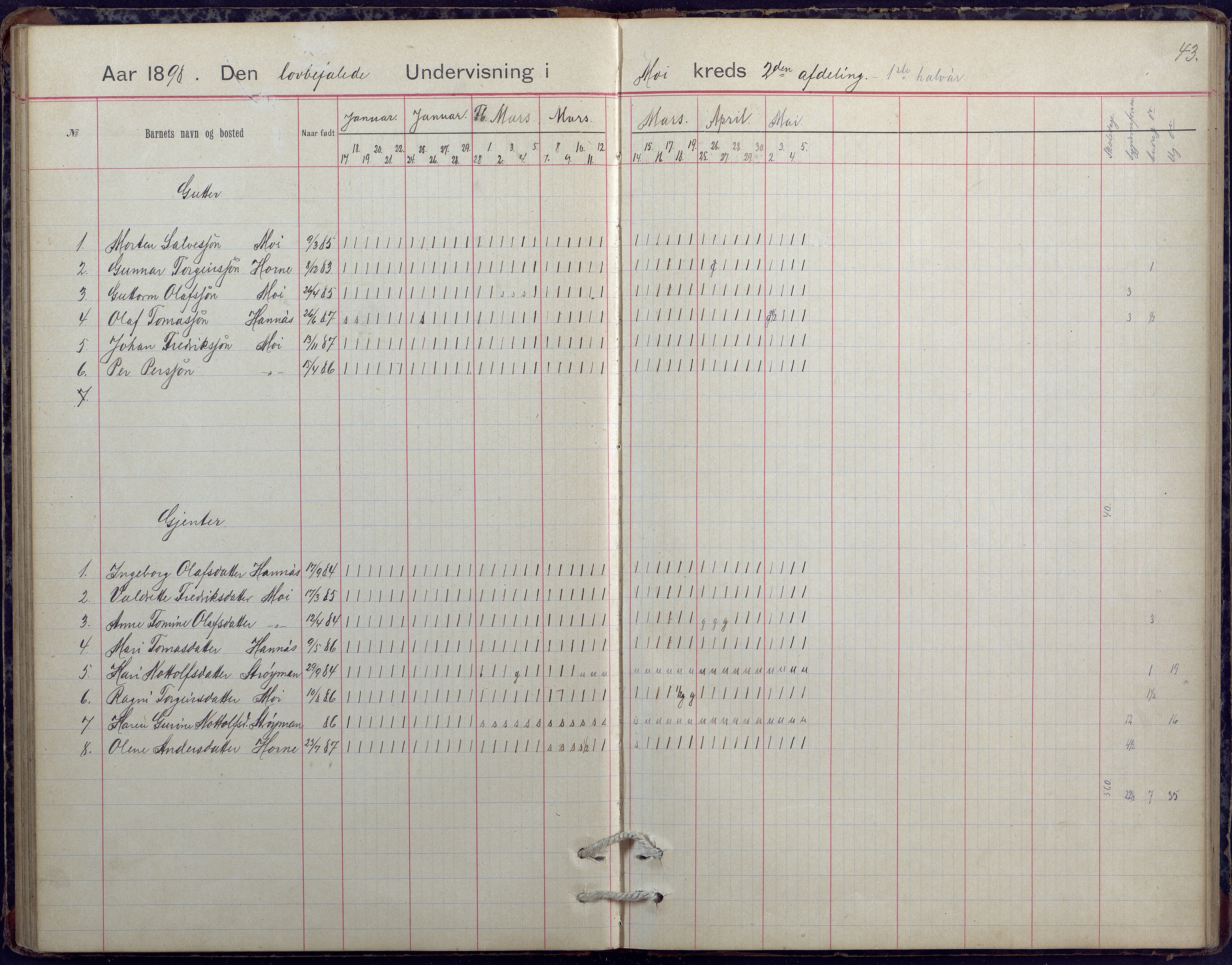 Hornnes kommune, Moi, Moseid, Kjetså skolekretser, AAKS/KA0936-550e/F1/L0005: Dagbok. Moseid, Moi, 1892-1908, p. 43