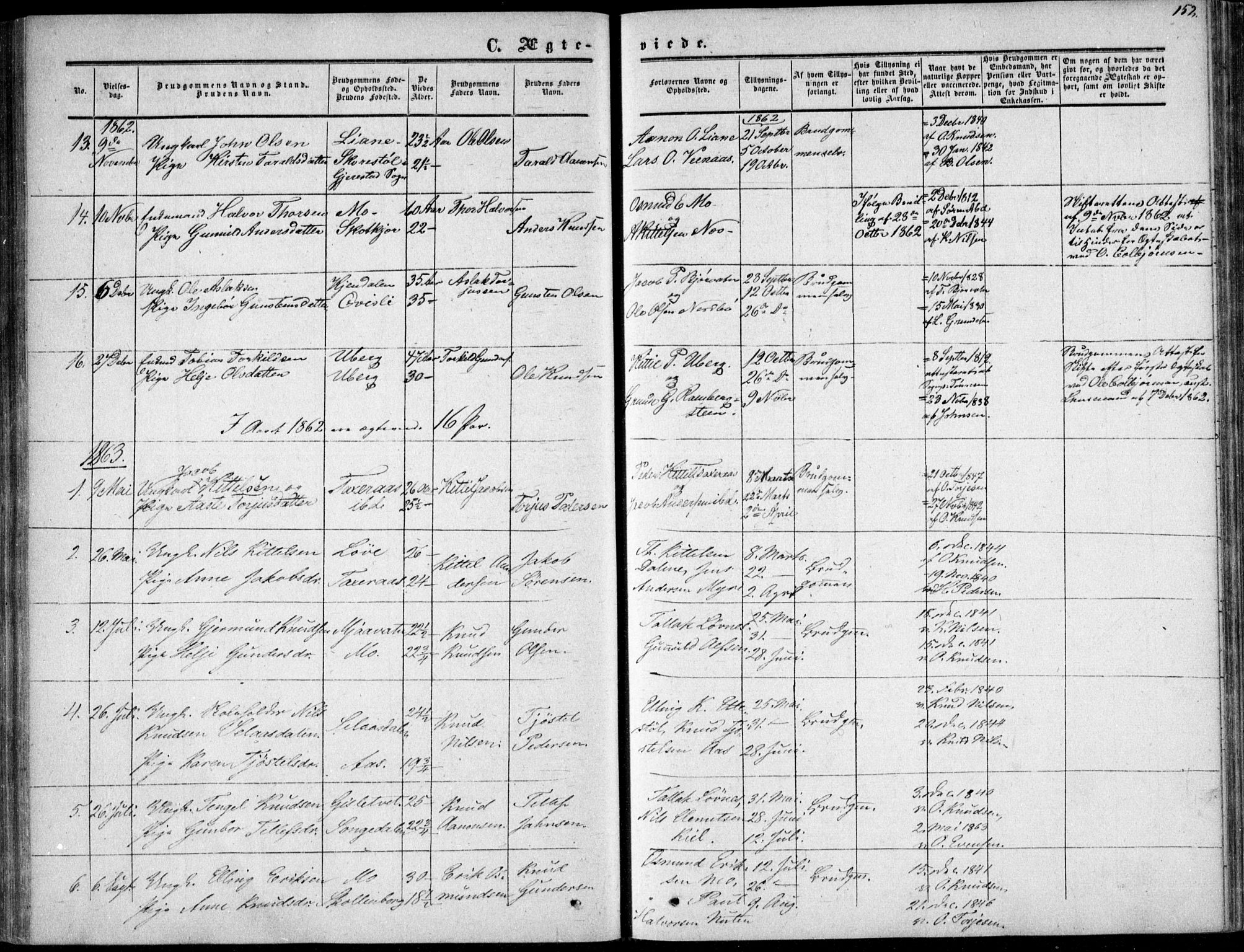 Gjerstad sokneprestkontor, AV/SAK-1111-0014/F/Fa/Fab/L0003: Parish register (official) no. A 3, 1853-1878, p. 152