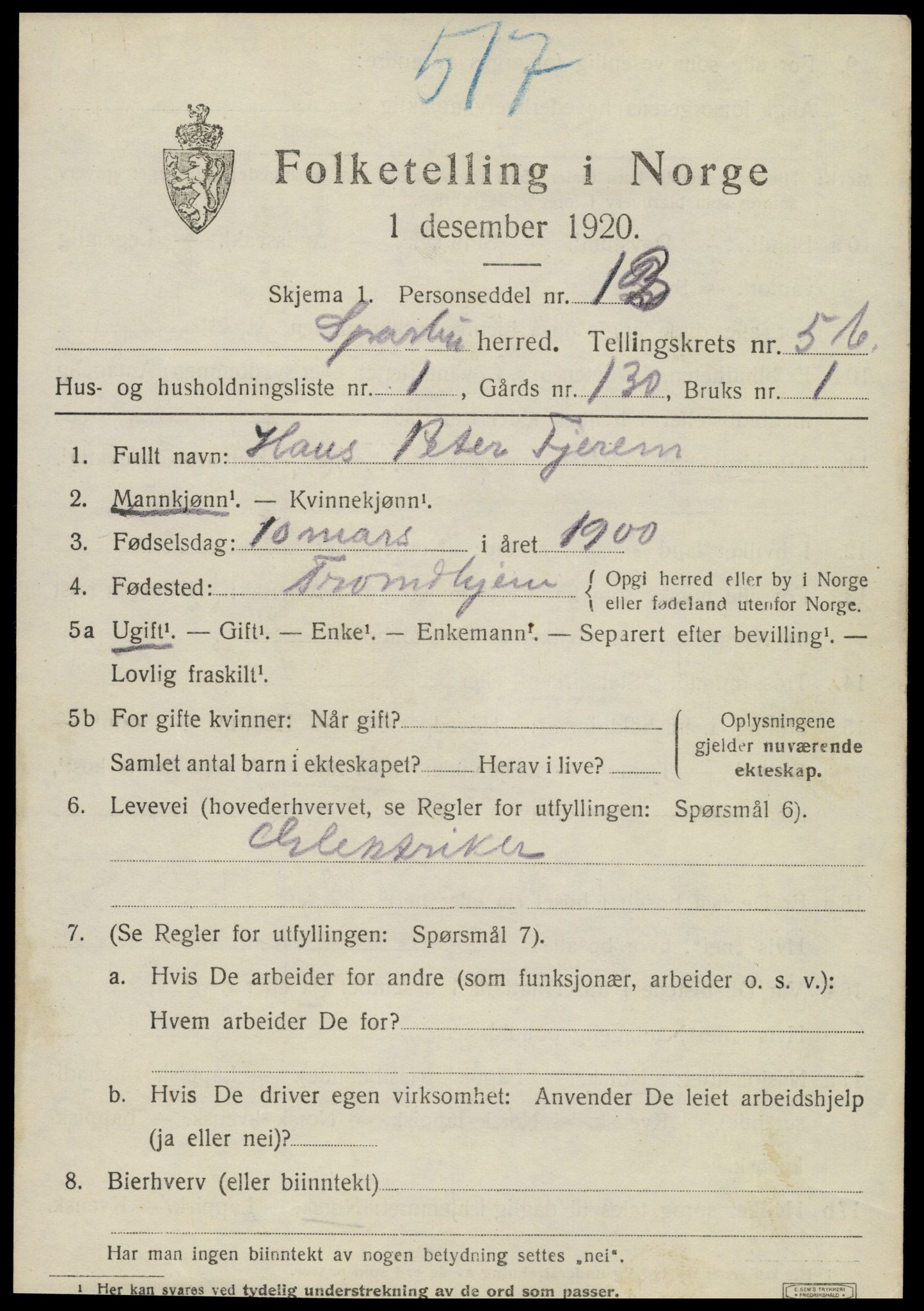 SAT, 1920 census for Sparbu, 1920, p. 6841