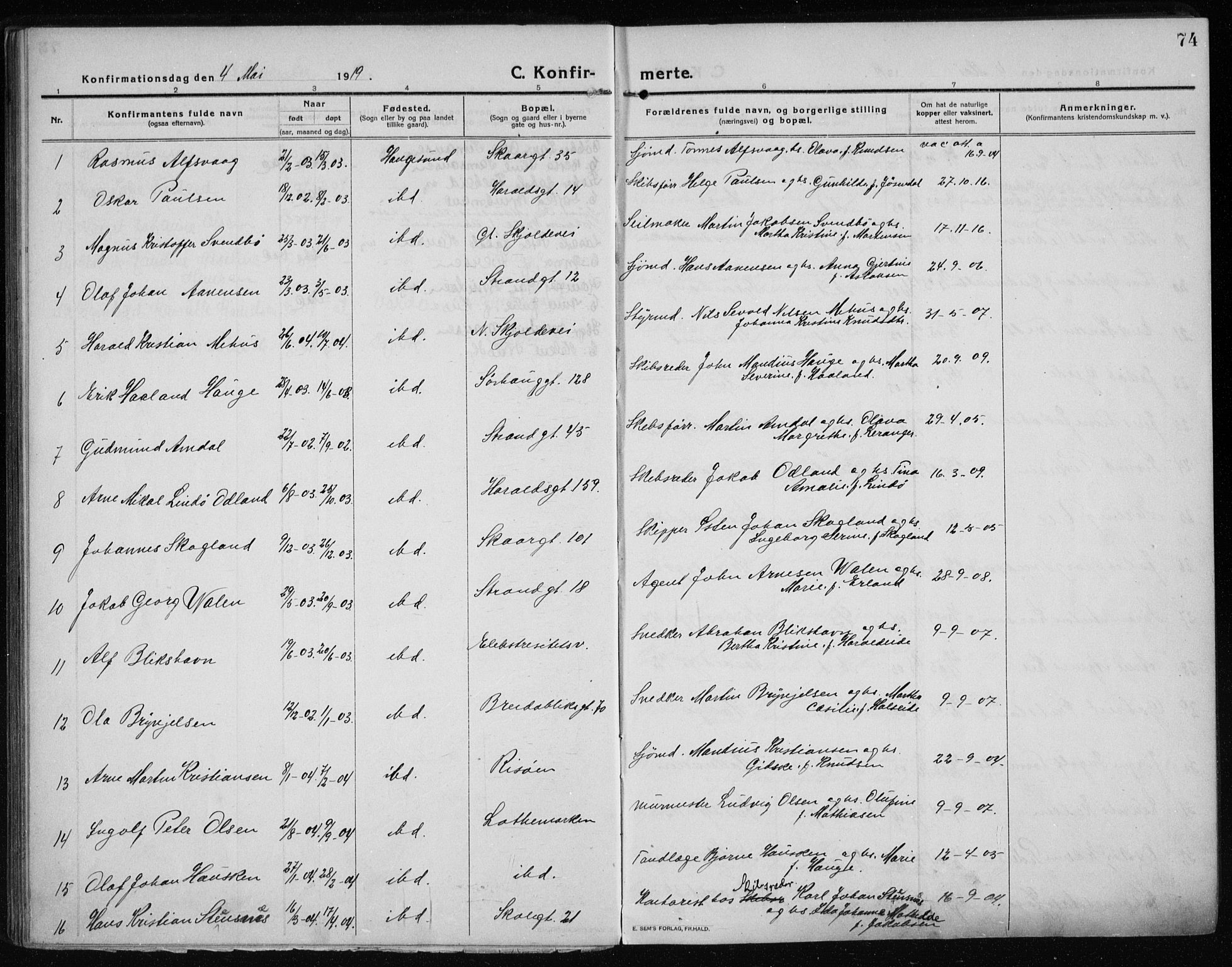 Haugesund sokneprestkontor, SAST/A -101863/H/Ha/Haa/L0009: Parish register (official) no. A 9, 1914-1929, p. 74