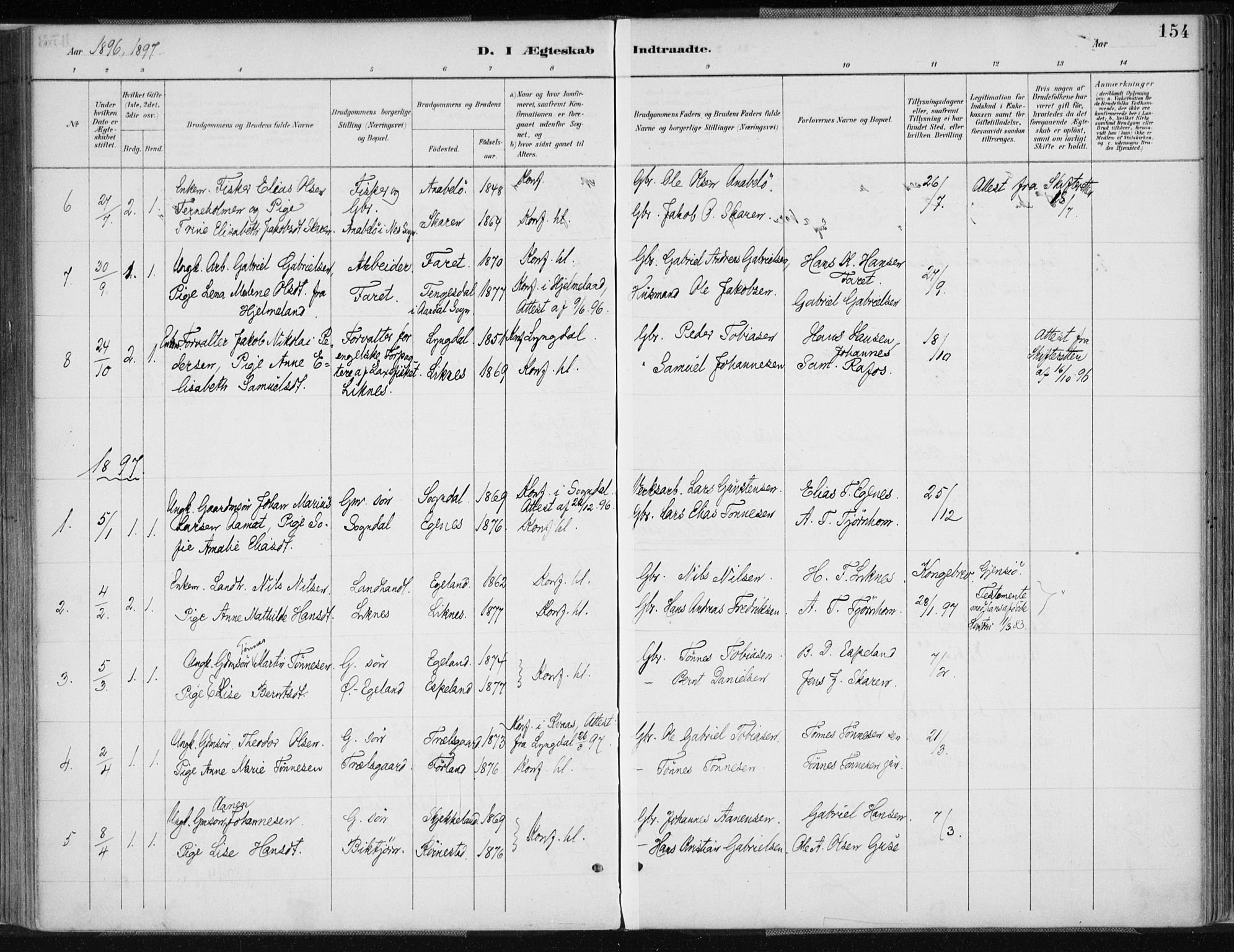 Kvinesdal sokneprestkontor, AV/SAK-1111-0026/F/Fa/Fab/L0008: Parish register (official) no. A 8, 1886-1897, p. 154