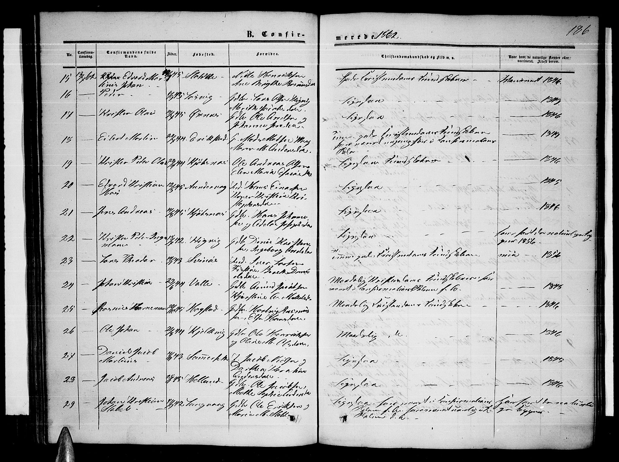 Ministerialprotokoller, klokkerbøker og fødselsregistre - Nordland, AV/SAT-A-1459/872/L1046: Parish register (copy) no. 872C02, 1852-1879, p. 186