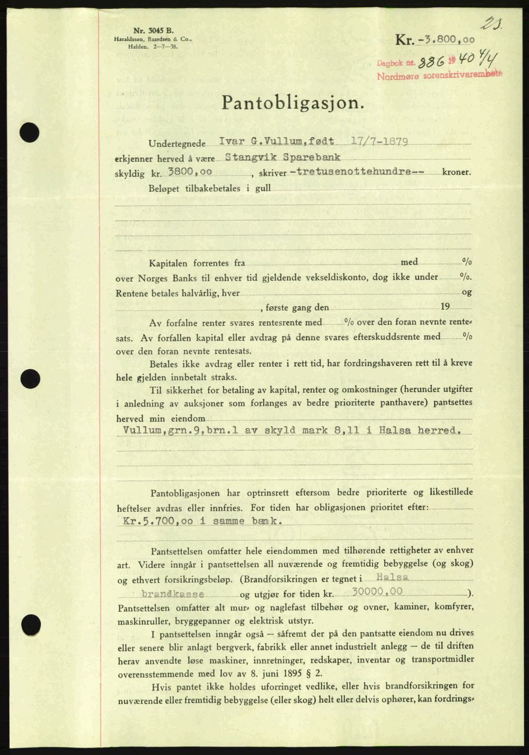 Nordmøre sorenskriveri, AV/SAT-A-4132/1/2/2Ca: Mortgage book no. B87, 1940-1941, Diary no: : 886/1940