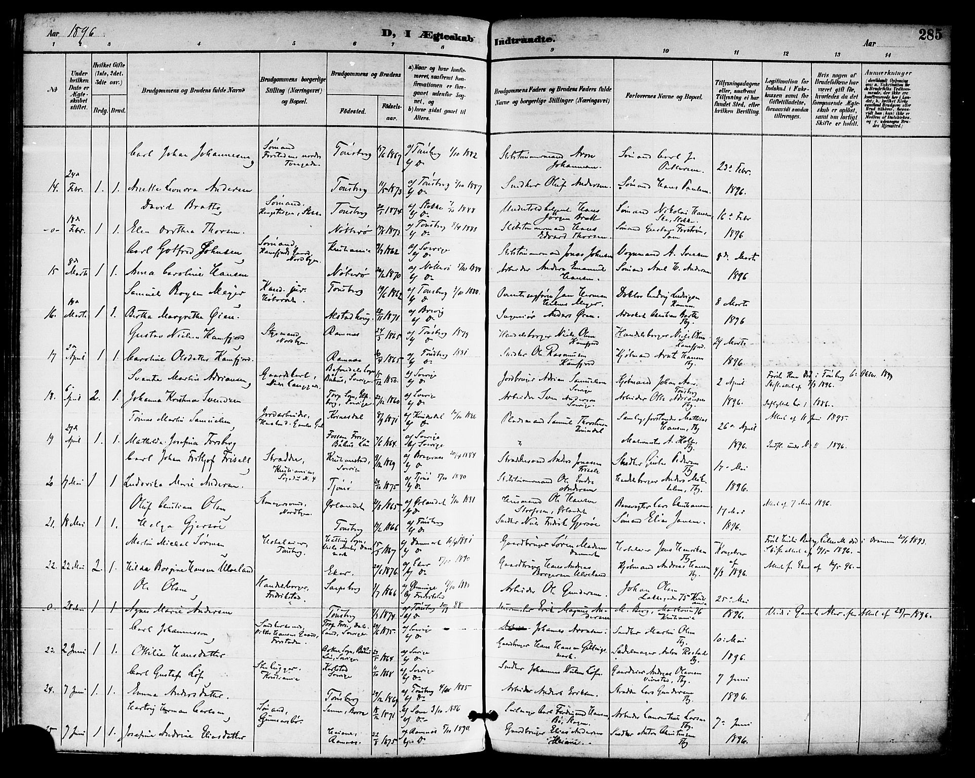 Tønsberg kirkebøker, AV/SAKO-A-330/F/Fa/L0012: Parish register (official) no. I 12, 1891-1899, p. 285