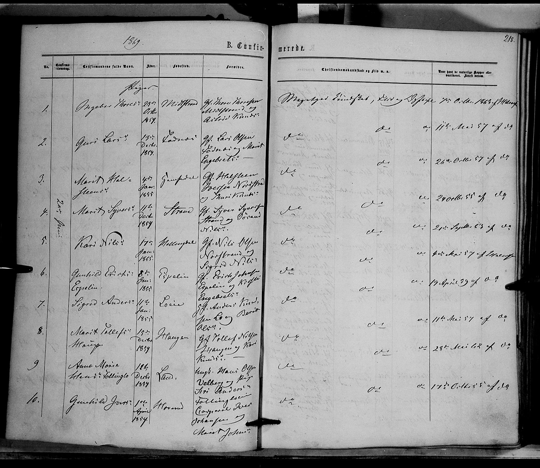 Nord-Aurdal prestekontor, SAH/PREST-132/H/Ha/Haa/L0008: Parish register (official) no. 8, 1863-1875, p. 218