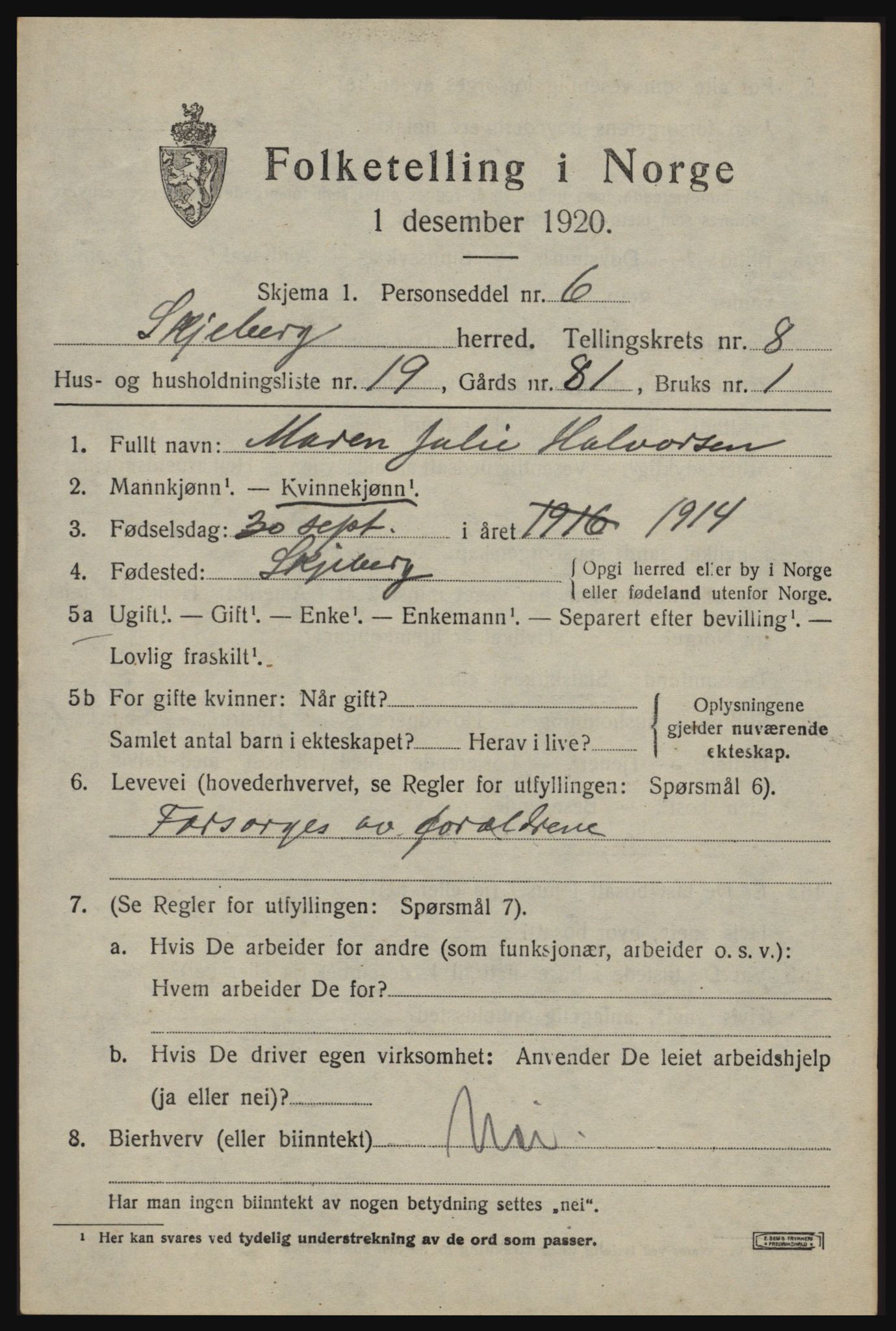 SAO, 1920 census for Skjeberg, 1920, p. 8107