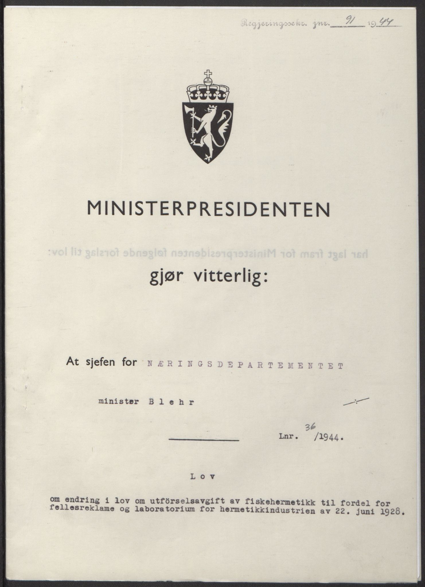 NS-administrasjonen 1940-1945 (Statsrådsekretariatet, de kommisariske statsråder mm), AV/RA-S-4279/D/Db/L0100: Lover, 1944, p. 177