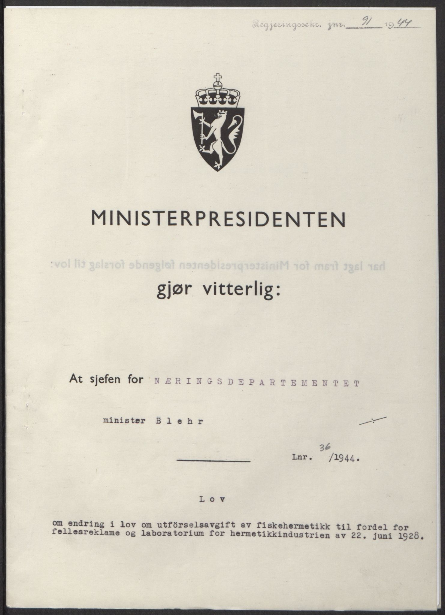 NS-administrasjonen 1940-1945 (Statsrådsekretariatet, de kommisariske statsråder mm), RA/S-4279/D/Db/L0100: Lover, 1944, p. 177