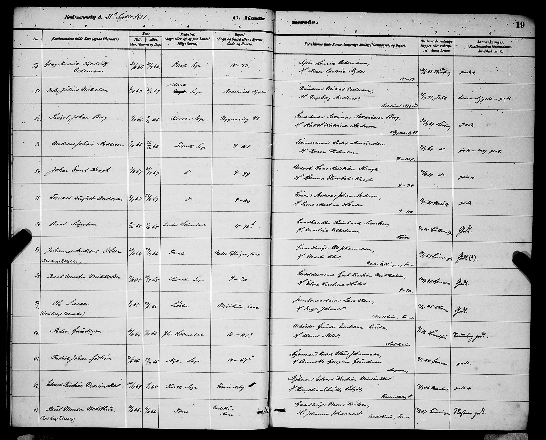 Domkirken sokneprestembete, SAB/A-74801/H/Hab/L0024: Parish register (copy) no. C 4, 1880-1899, p. 19