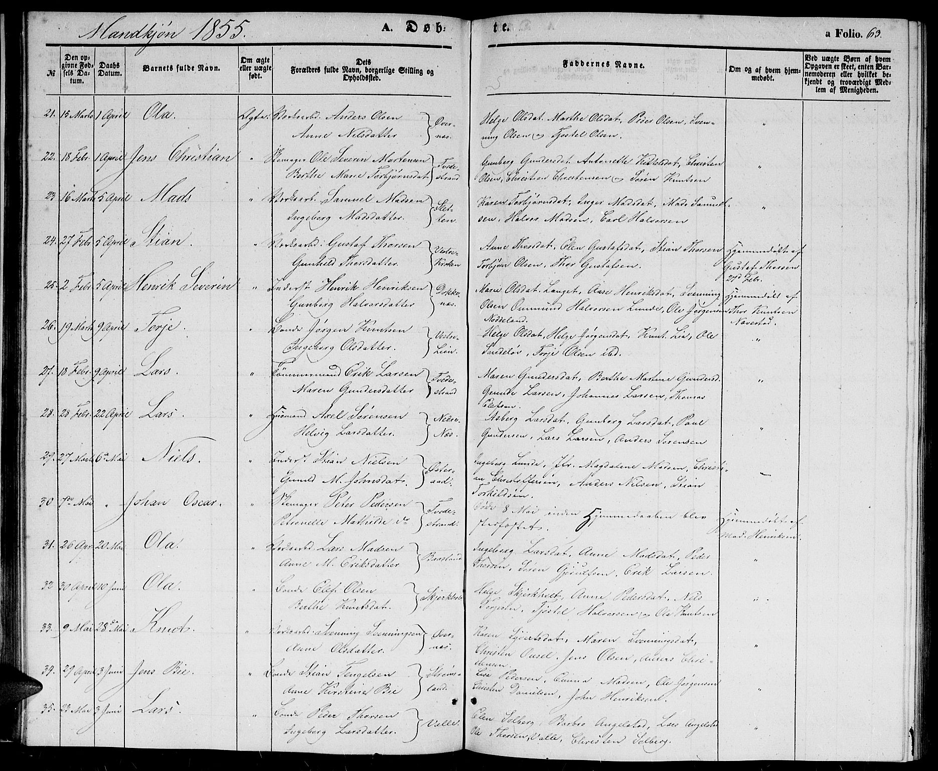 Holt sokneprestkontor, AV/SAK-1111-0021/F/Fb/L0007: Parish register (copy) no. B 7, 1849-1858, p. 63