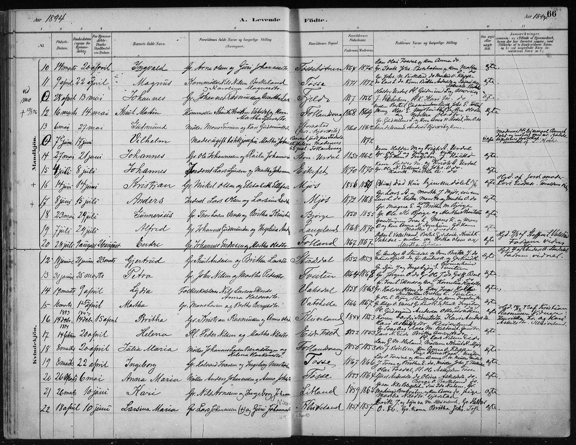 Hosanger sokneprestembete, SAB/A-75801/H/Haa: Parish register (official) no. B  1, 1880-1896, p. 66