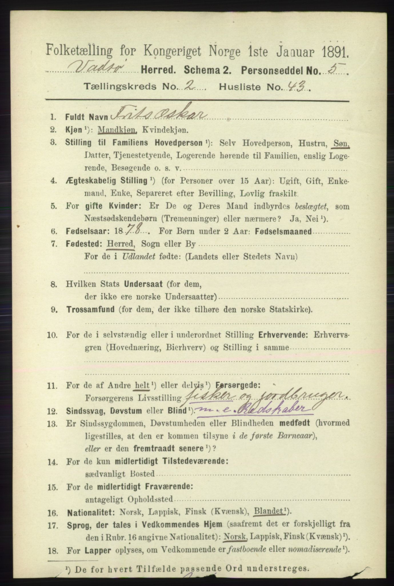 RA, 1891 census for 2029 Vadsø, 1891, p. 732
