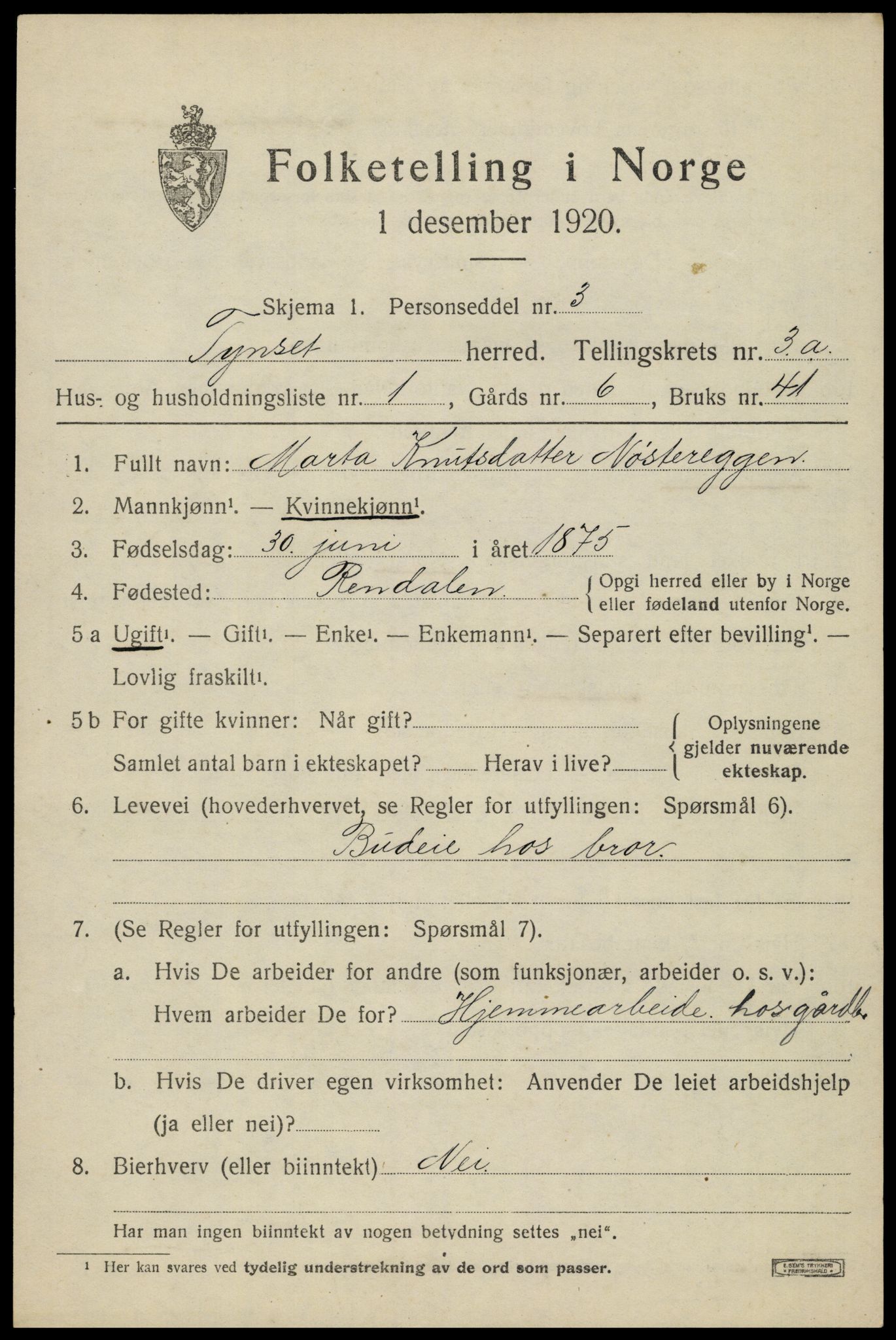 SAH, 1920 census for Tynset, 1920, p. 2904