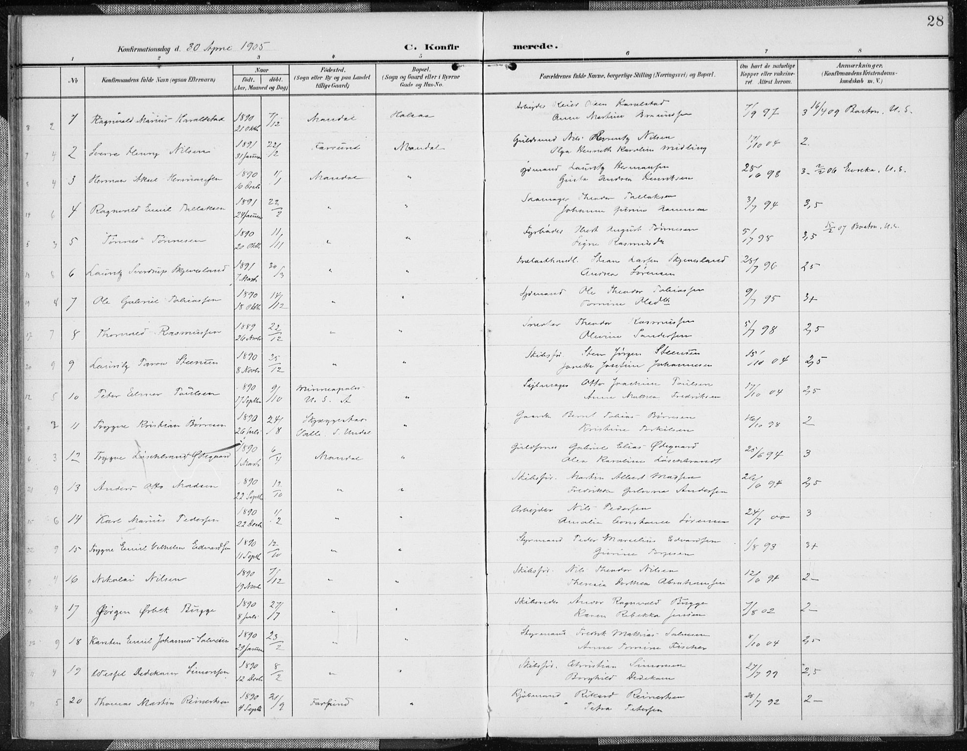 Mandal sokneprestkontor, AV/SAK-1111-0030/F/Fa/Faa/L0019: Parish register (official) no. A 19, 1902-1912, p. 28