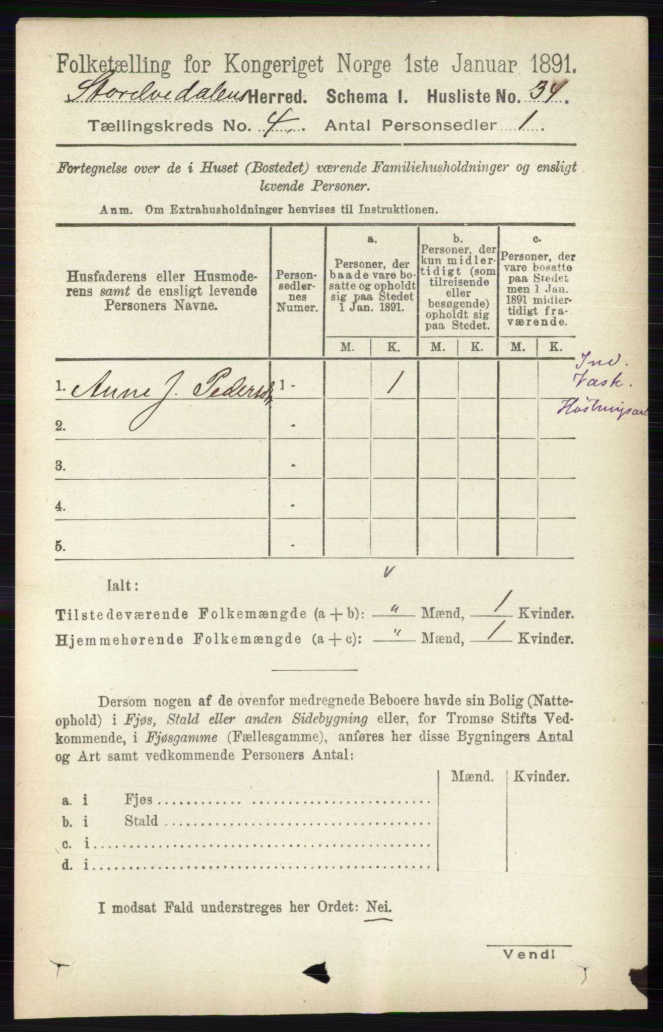 RA, 1891 census for 0430 Stor-Elvdal, 1891, p. 1416