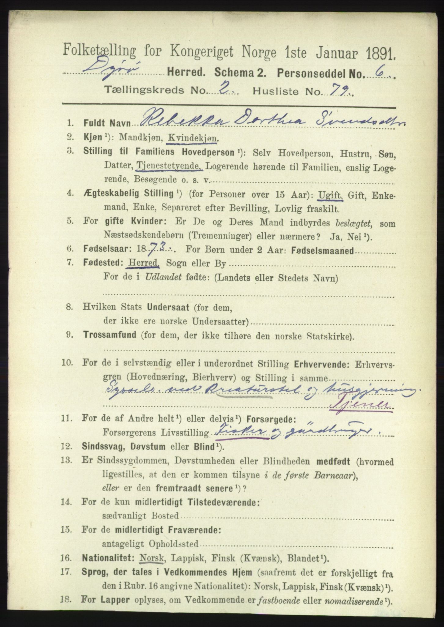 RA, 1891 census for 1926 Dyrøy, 1891, p. 1101