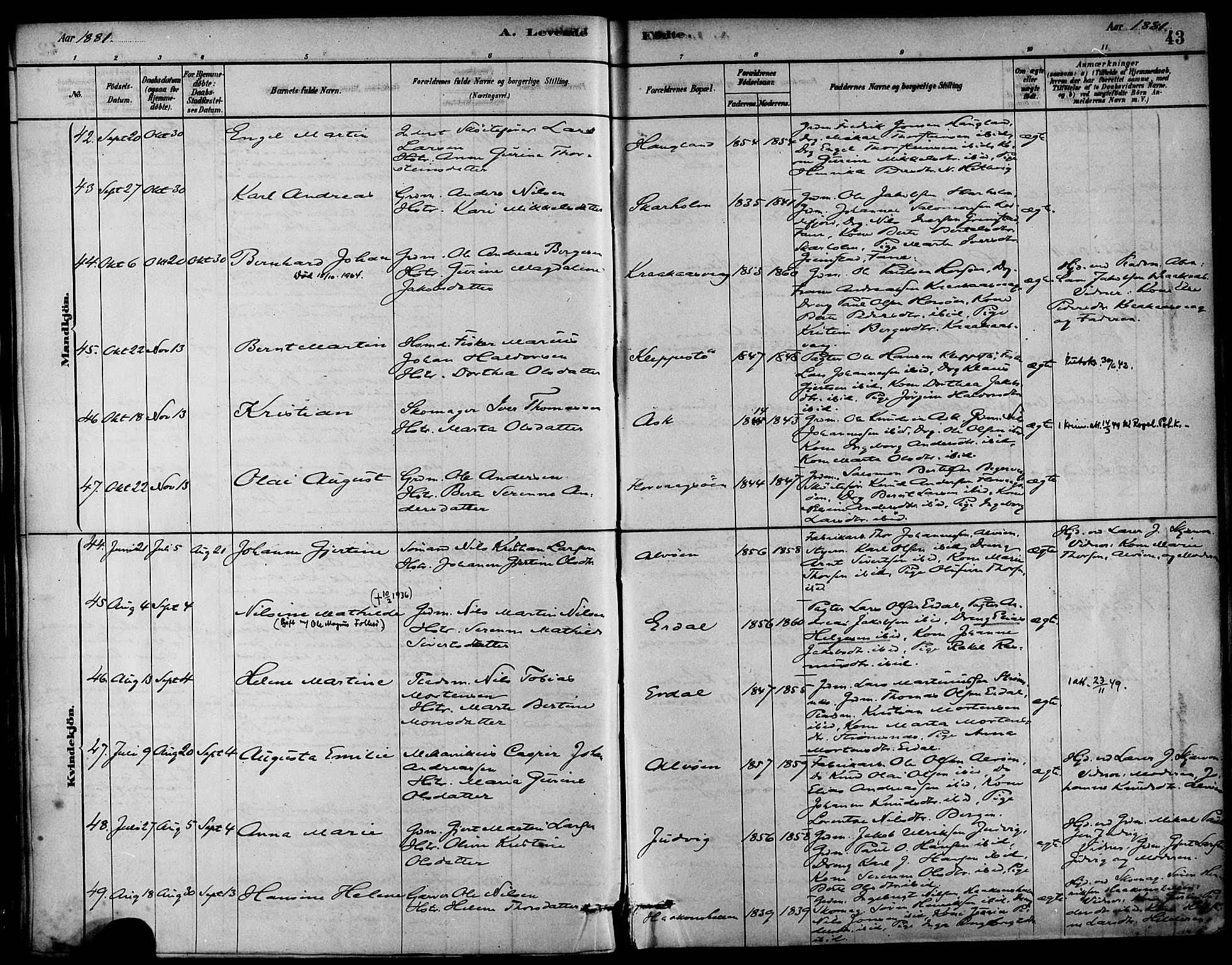 Askøy Sokneprestembete, AV/SAB-A-74101/H/Ha/Haa/Haab/L0001: Parish register (official) no. B 1, 1878-1889, p. 43