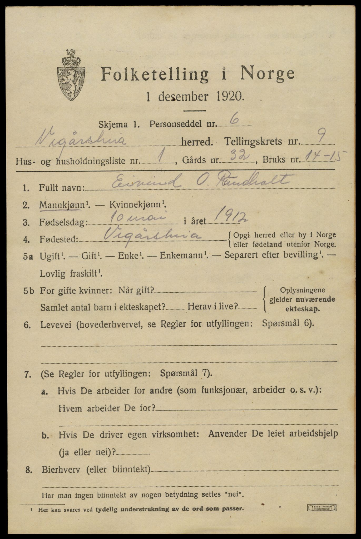 SAK, 1920 census for Vegårshei, 1920, p. 2942