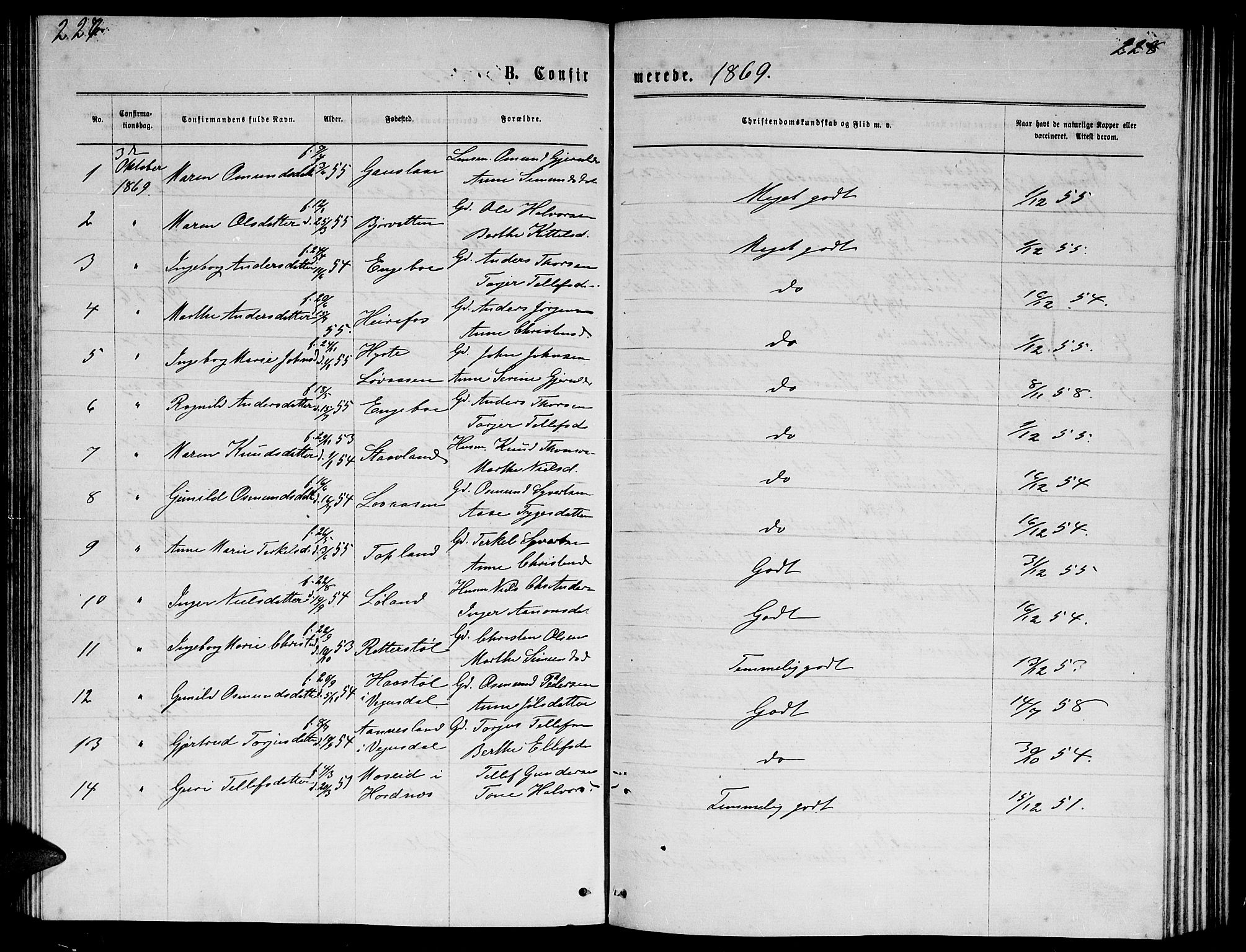 Herefoss sokneprestkontor, SAK/1111-0019/F/Fb/Fba/L0002: Parish register (copy) no. B 2, 1868-1886, p. 227-228