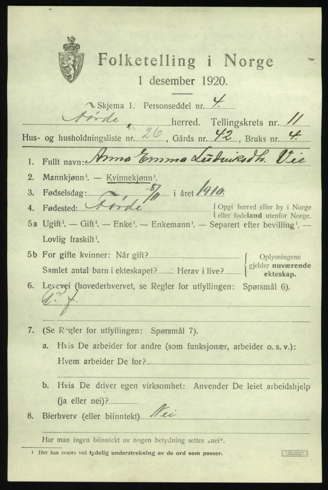 SAB, 1920 census for Førde, 1920, p. 4252