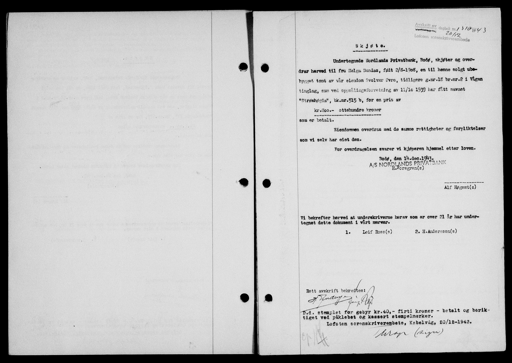 Lofoten sorenskriveri, SAT/A-0017/1/2/2C/L0012a: Mortgage book no. 12a, 1943-1944, Diary no: : 1510/1943
