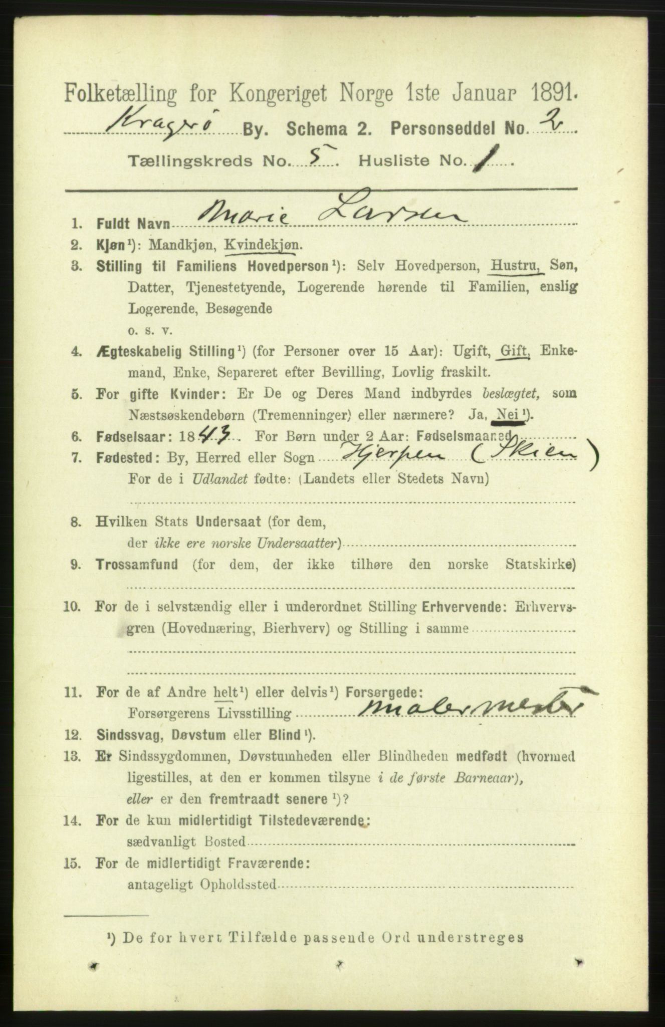 RA, 1891 census for 0801 Kragerø, 1891, p. 3012