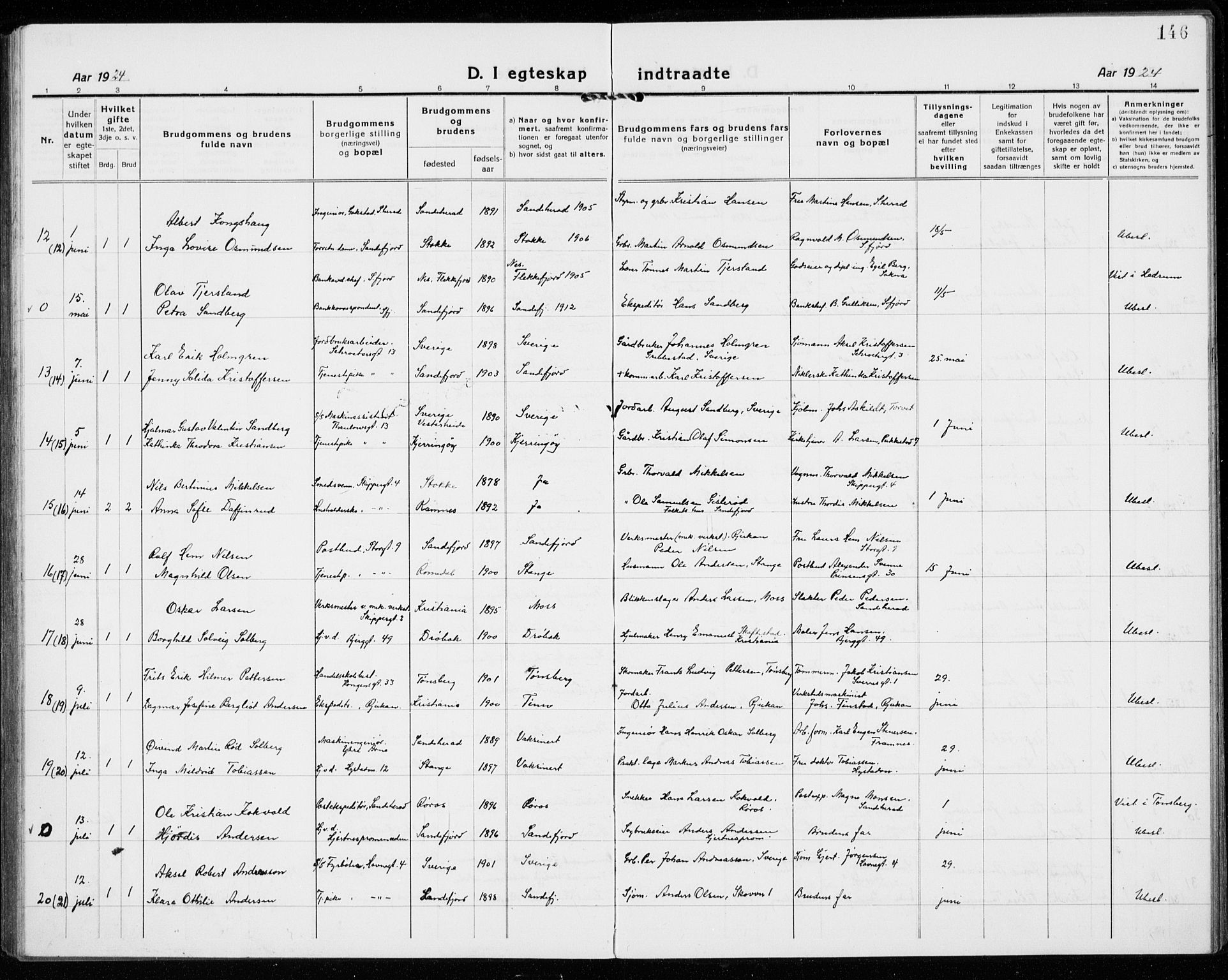 Sandefjord kirkebøker, SAKO/A-315/G/Ga/L0004: Parish register (copy) no. 4, 1920-1931, p. 146