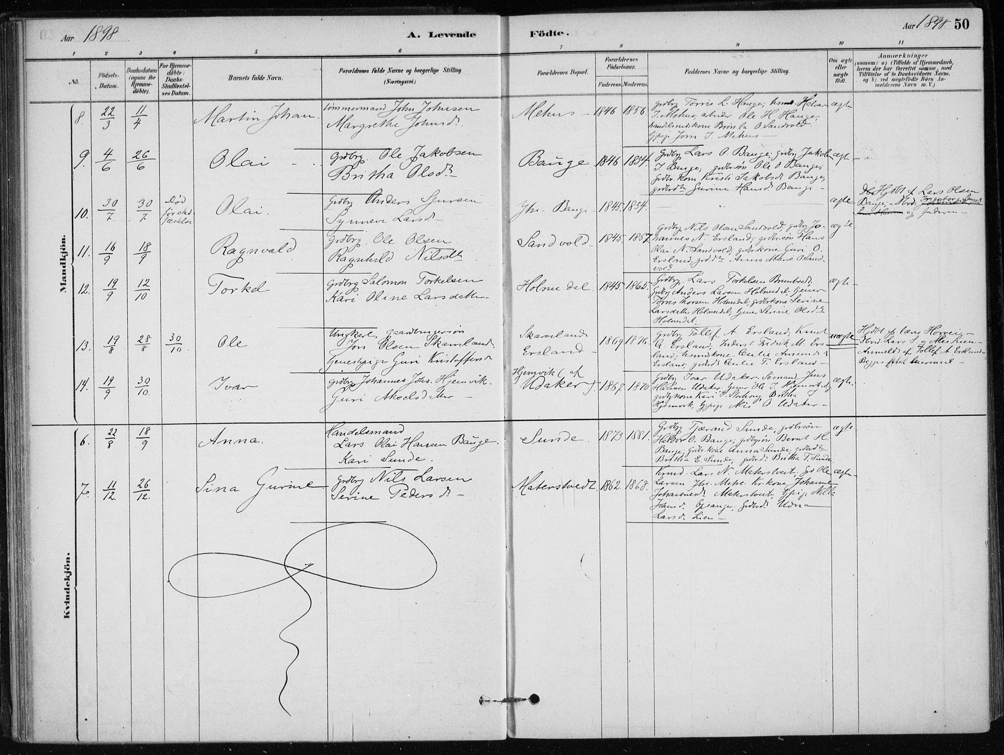 Skånevik sokneprestembete, AV/SAB-A-77801/H/Haa: Parish register (official) no. C  1, 1879-1917, p. 50