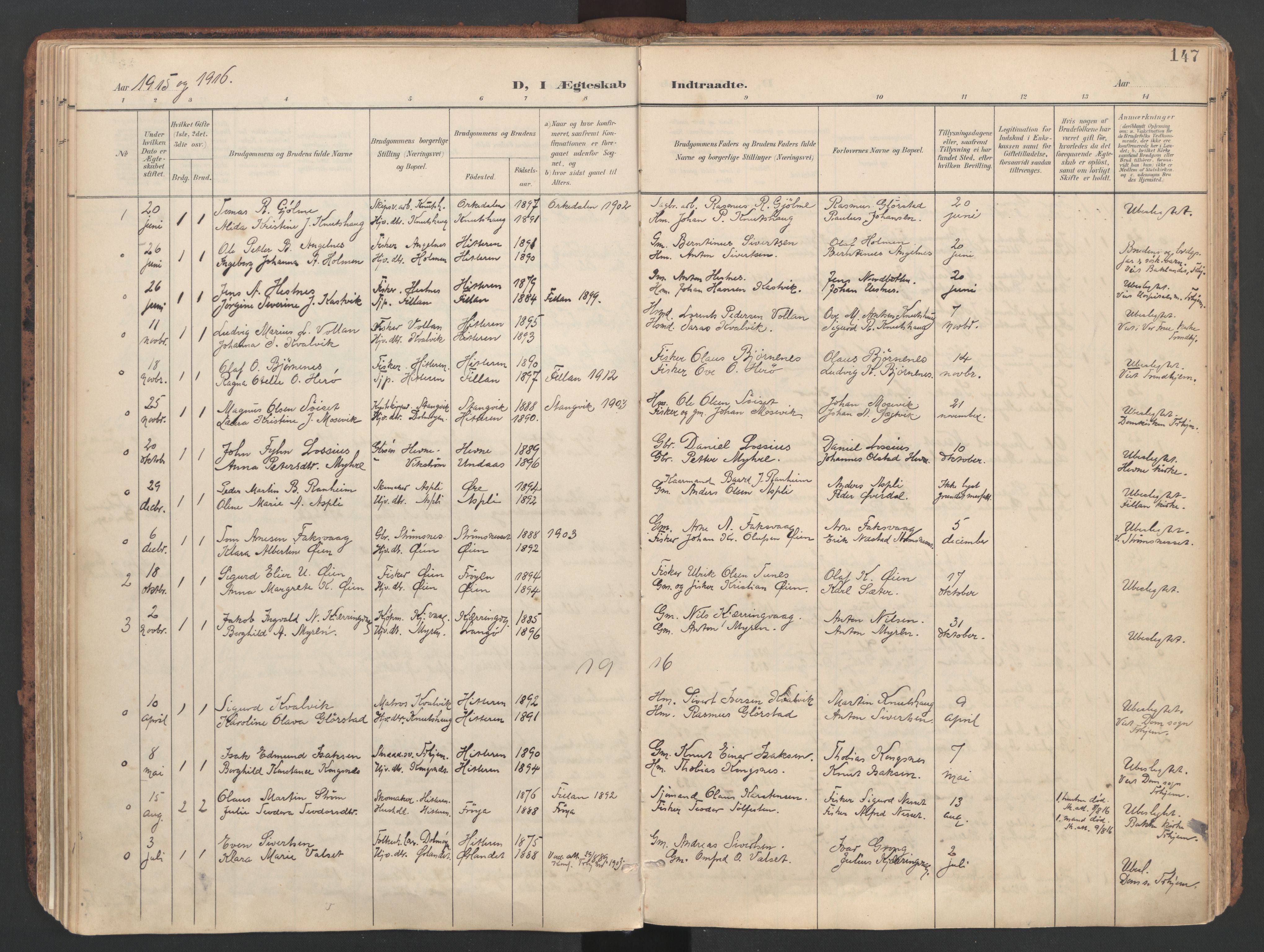 Ministerialprotokoller, klokkerbøker og fødselsregistre - Sør-Trøndelag, SAT/A-1456/634/L0537: Parish register (official) no. 634A13, 1896-1922, p. 147