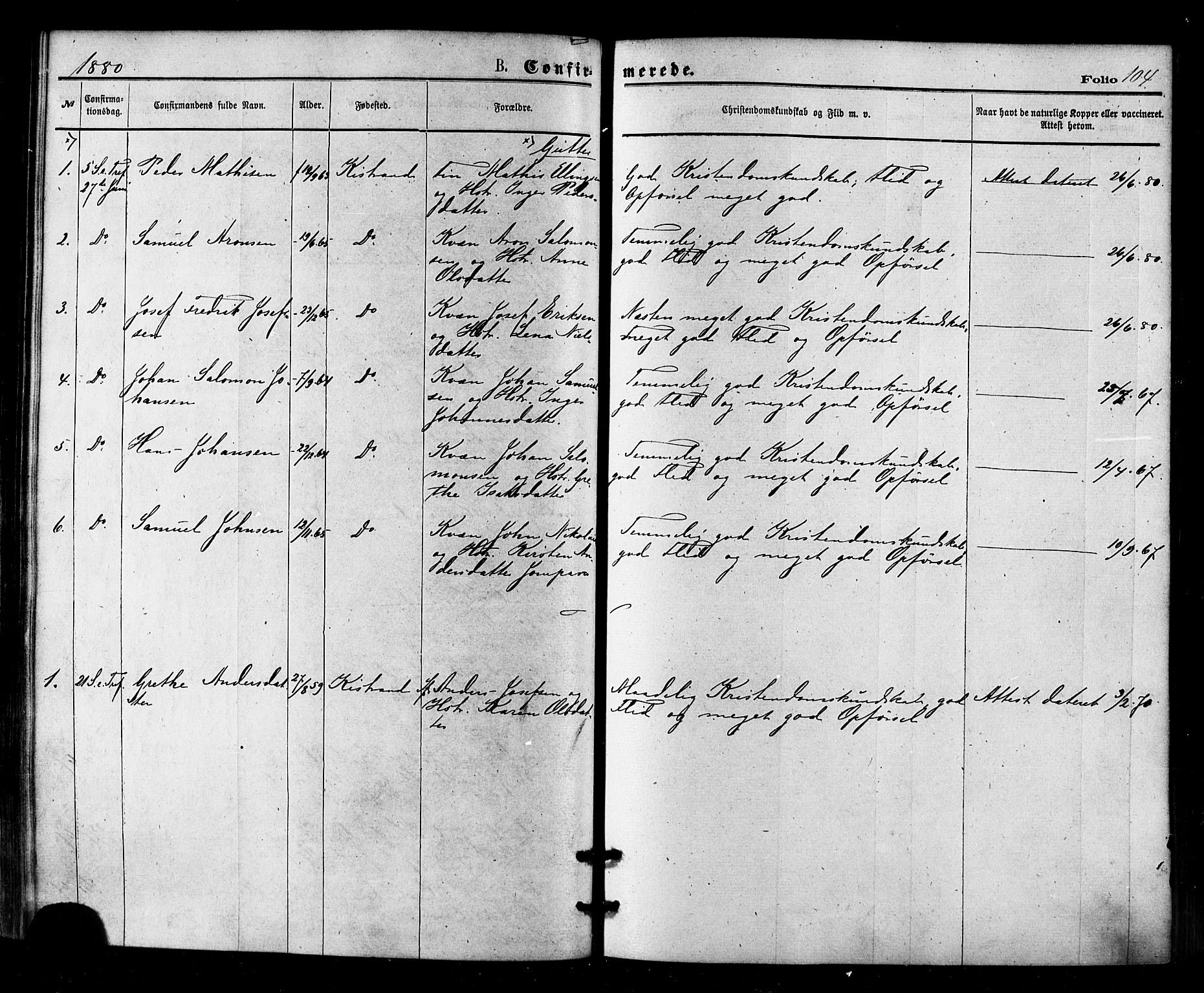 Kistrand/Porsanger sokneprestembete, AV/SATØ-S-1351/H/Ha/L0006.kirke: Parish register (official) no. 6, 1875-1880, p. 104