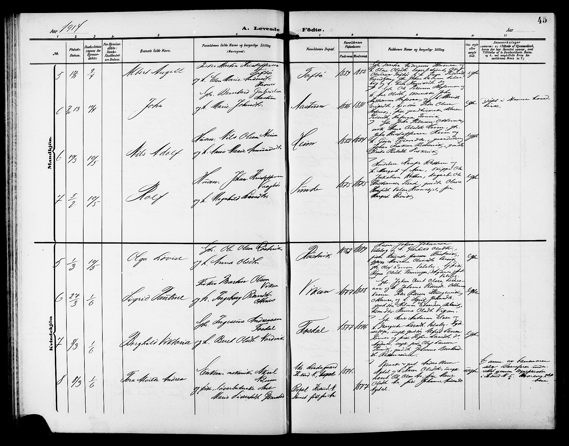 Ministerialprotokoller, klokkerbøker og fødselsregistre - Sør-Trøndelag, AV/SAT-A-1456/633/L0520: Parish register (copy) no. 633C02, 1906-1921, p. 45