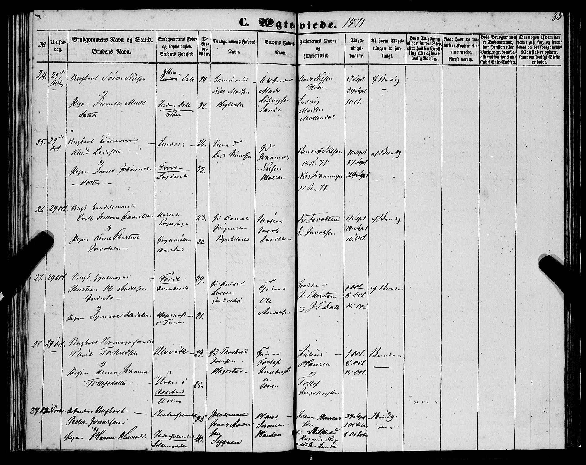 St. Jørgens hospital og Årstad sokneprestembete, AV/SAB-A-99934: Parish register (official) no. A 9, 1853-1878, p. 85