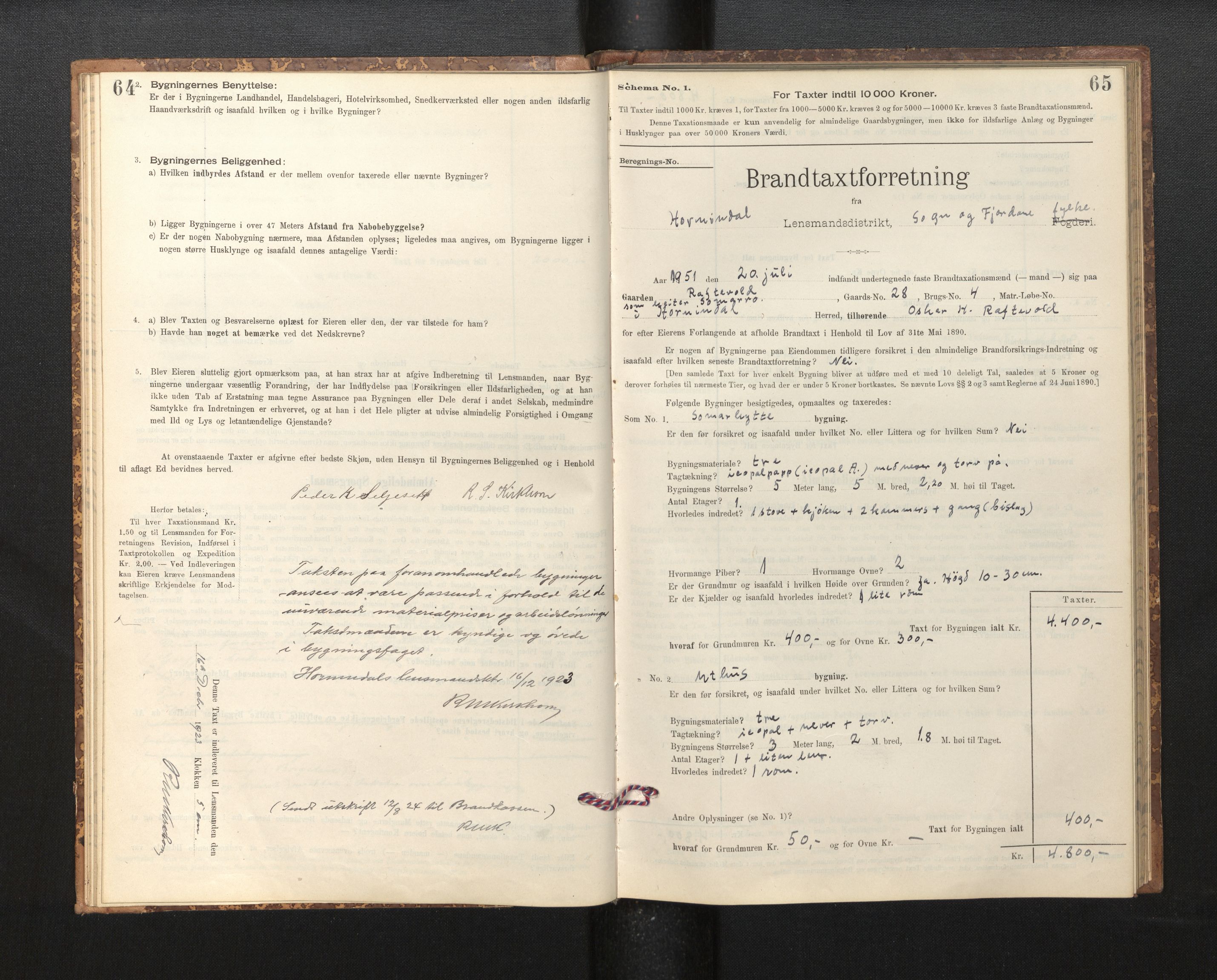 Lensmannen i Hornindal, SAB/A-28201/0012/L0001: Branntakstprotokoll, skjematakst, 1895-1951, p. 64-65