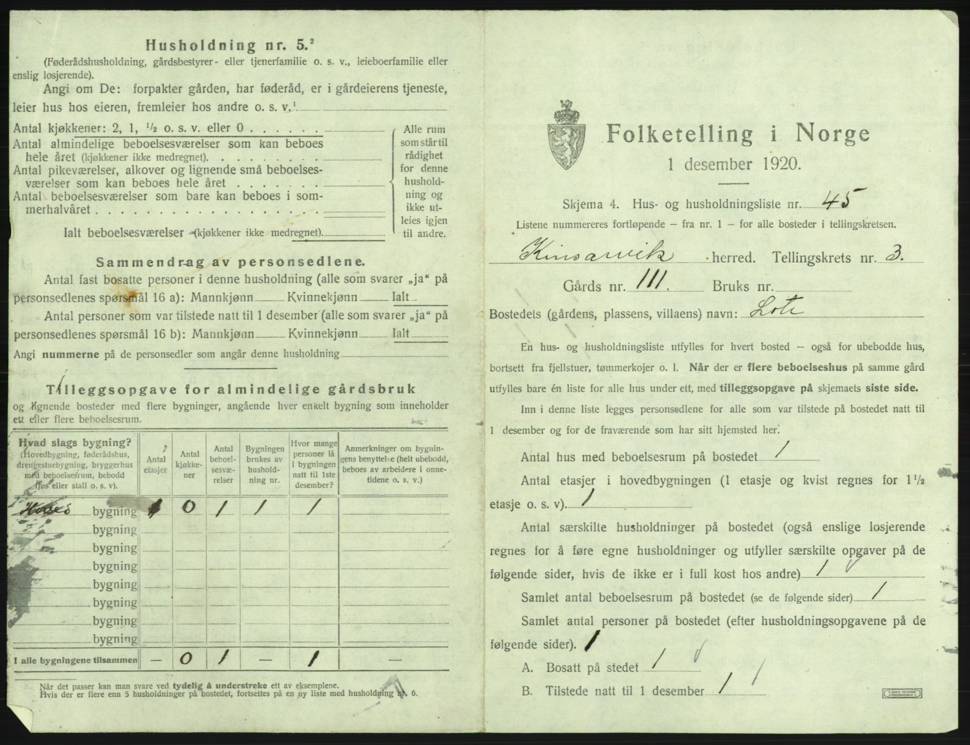 SAB, 1920 census for Kinsarvik, 1920, p. 309